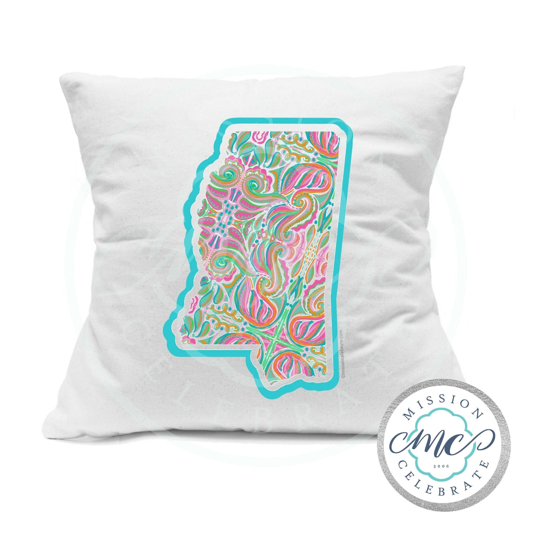 Mississippi State Art Pillow: Hand-Drawn Design on White Canvas, 18x18. State Pride Decor for Home & Dorm Rooms.