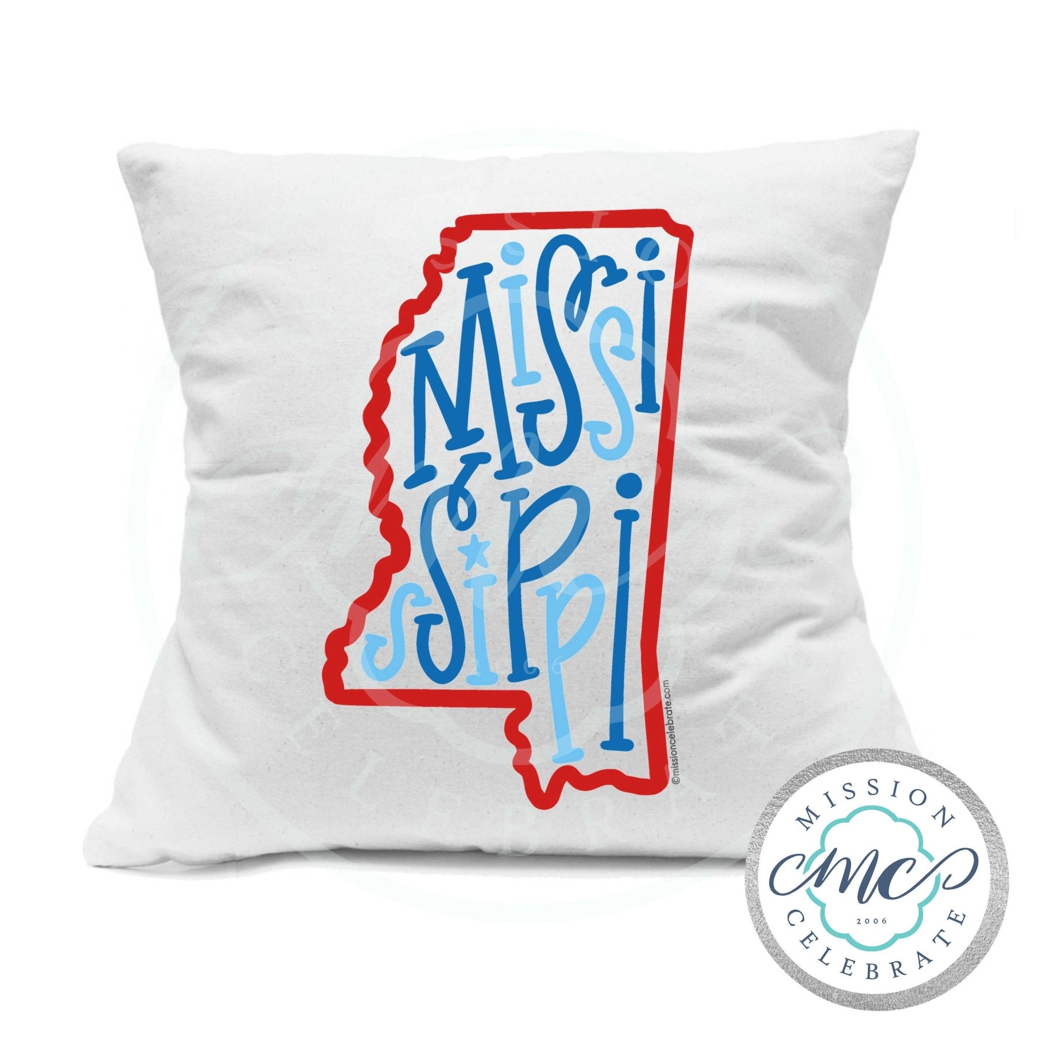 Mississippi State Pillow Cover - Red and Blue Bouncy Letters, Handmade, State Pride
