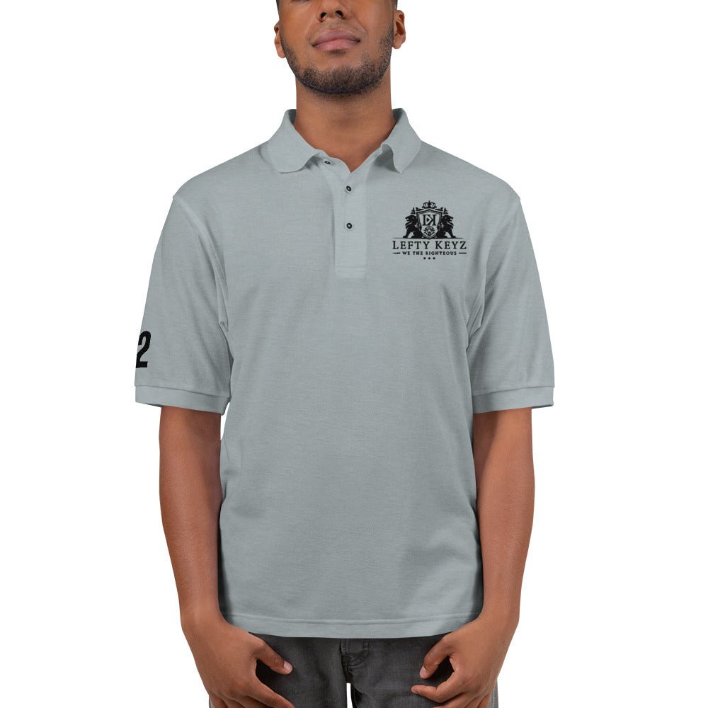 Men's gray polo shirt with Lefty Keyz logo and number 2 on the sleeve.