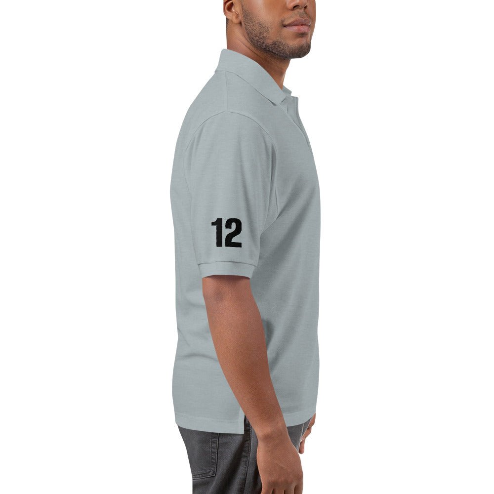 Grey Polo Shirt Side View: Men's Polo with Number 12 on Sleeve