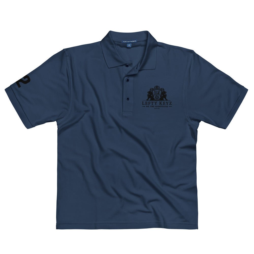 Men's navy blue Leftykeyz polo shirt with embroidered logo.