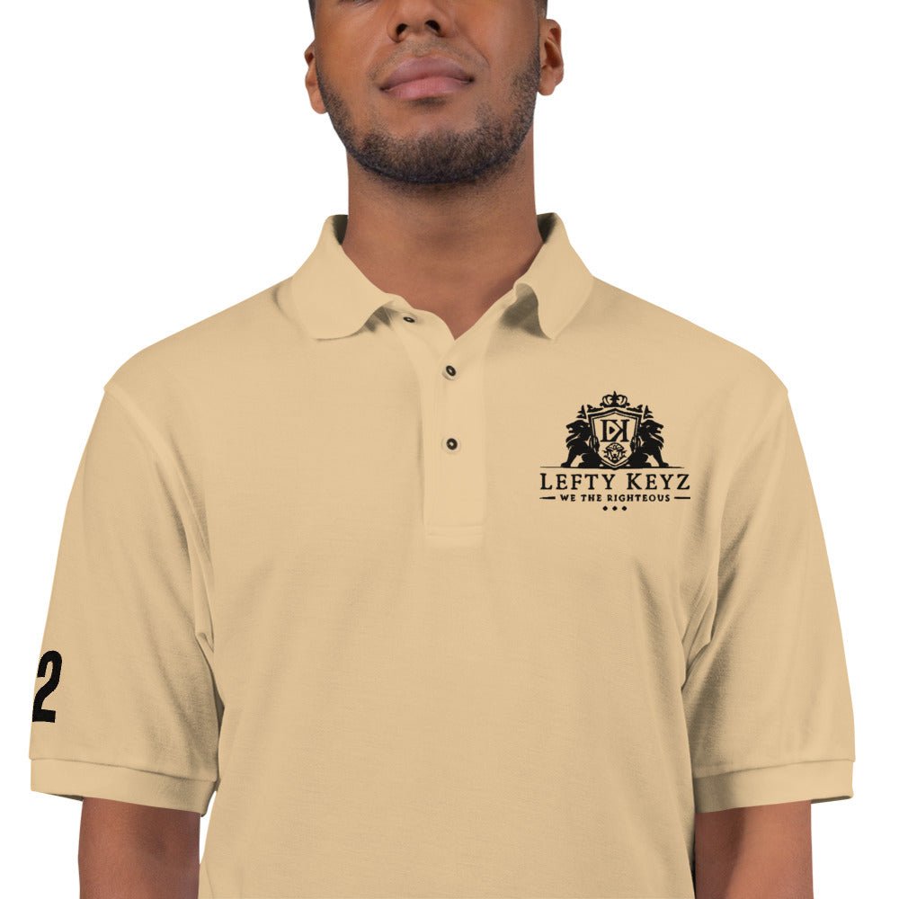 Men's Beige LeftyKeyz Polo Shirt with Logo Embroidery and Number 2 on Sleeve.