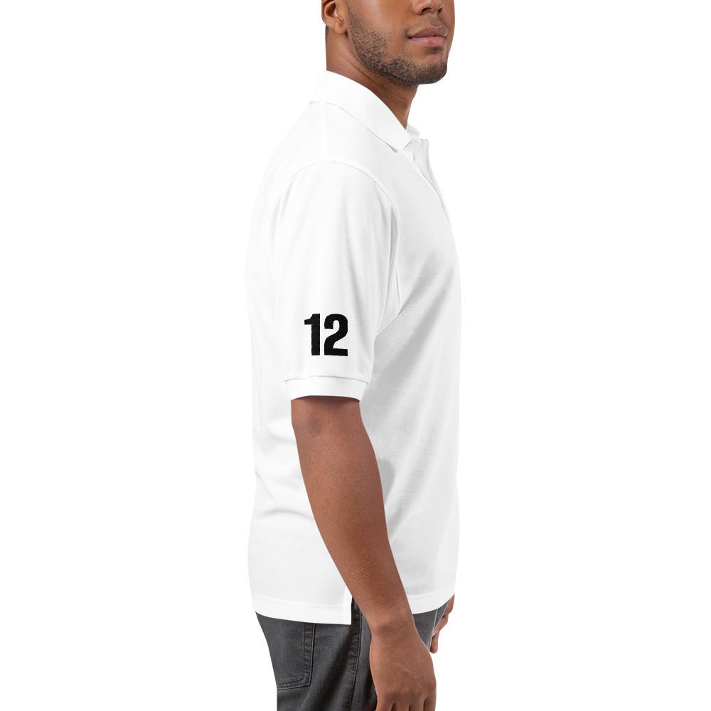 Men's White Polo Shirt - Leftykeyz Edition. Side profile view showcasing sleeve number detail.