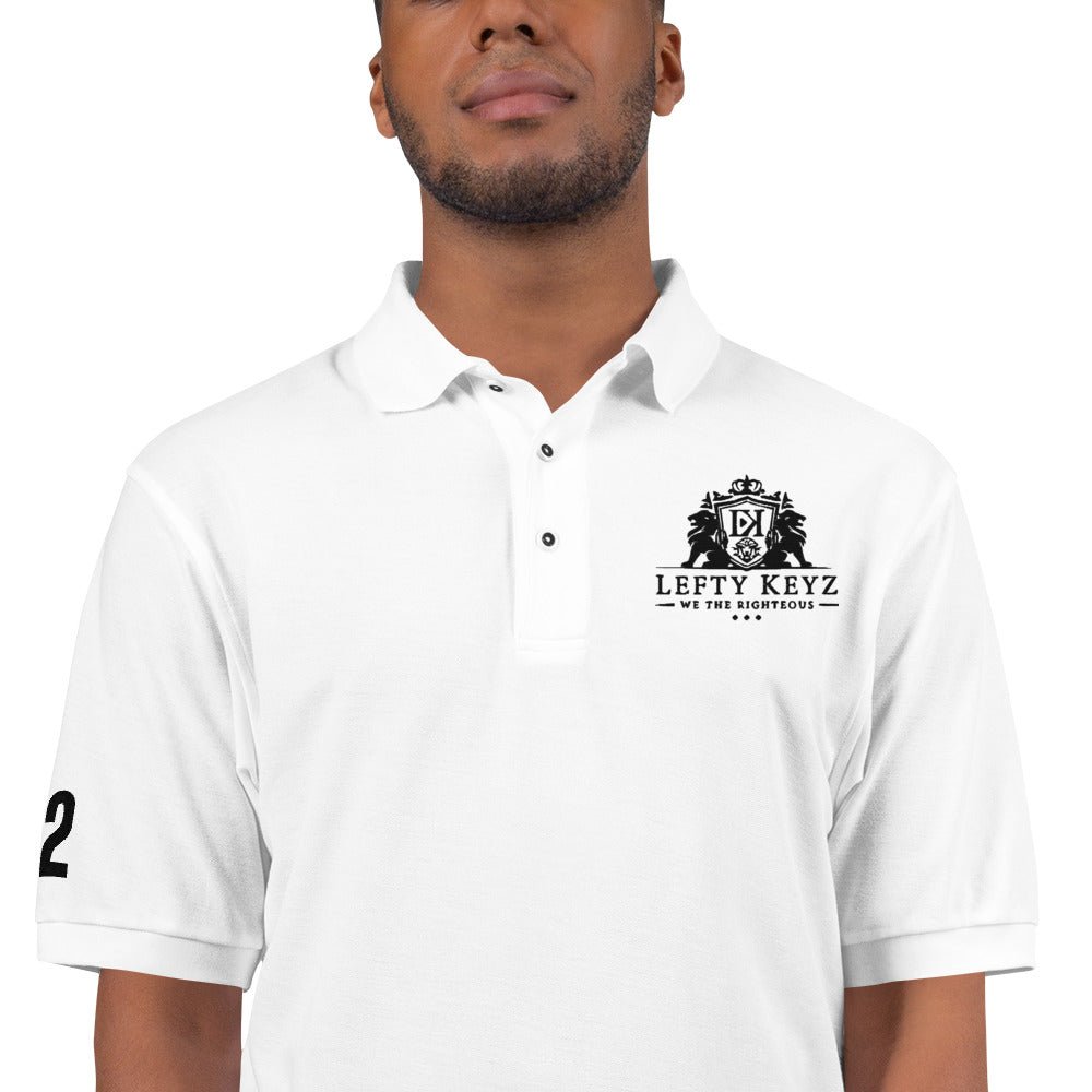 Men's Leftykeyz Polo Shirt - Premium White Polo with Embroidered Logo and Number on sleeve