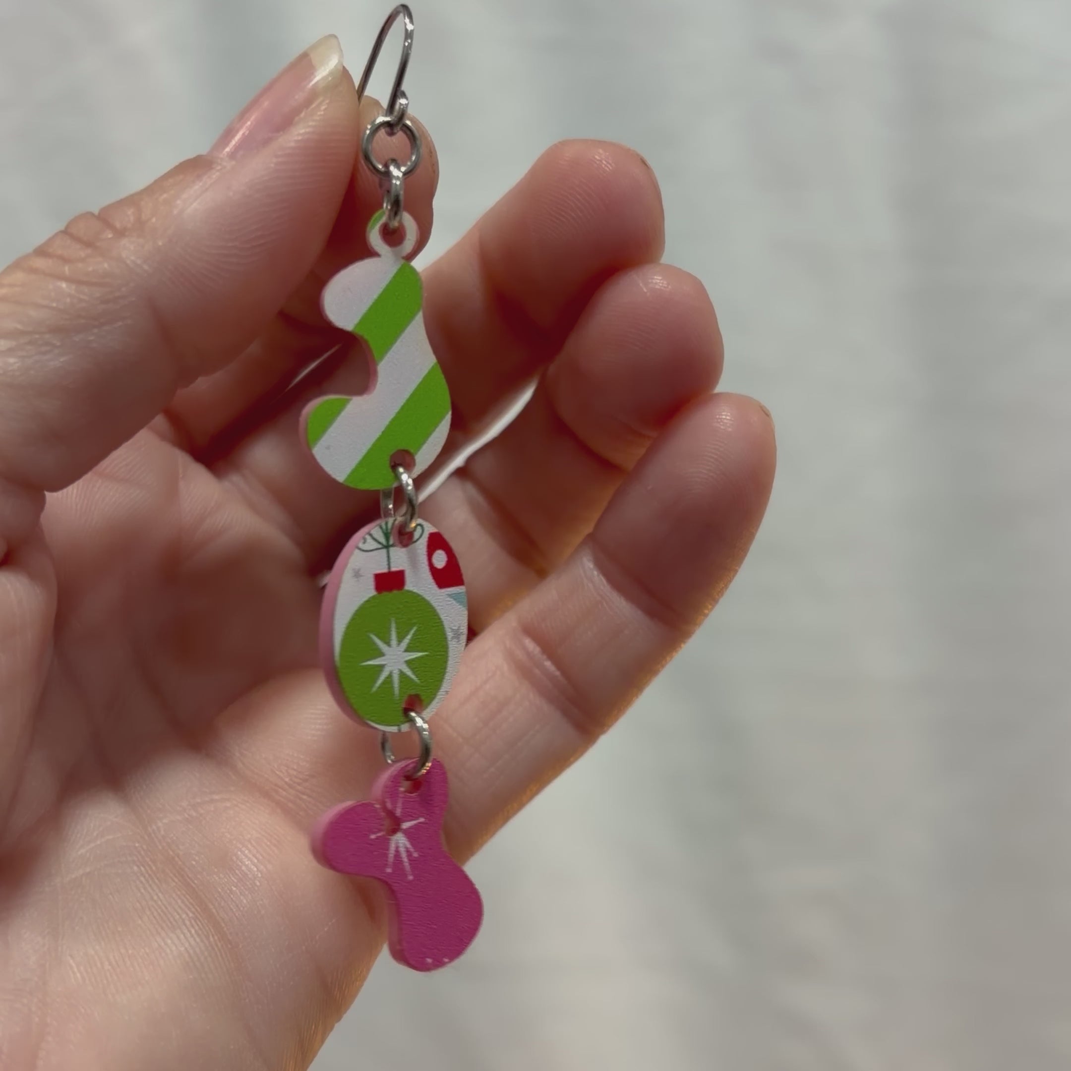 Retro JOY Christmas Earrings – Layered Acrylic in Pink, Green & Red Patterns