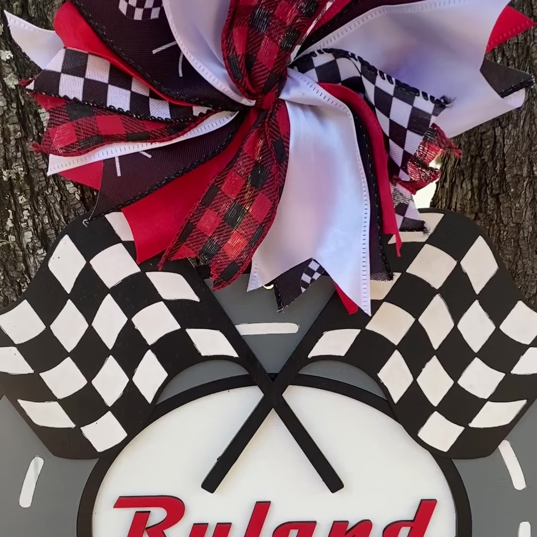 Racing Car Birth Announcement Door Hanger – Personalized Baby Hospital Door Sign with Bow