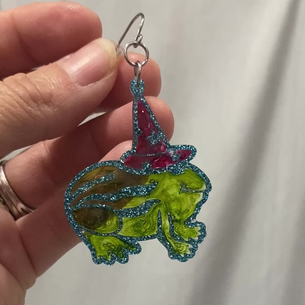 Summerween Watermelon Frog Wearing Pointed Hat Resin Filled Acrylic Dangle Earrings with Stainless Steel Earwire