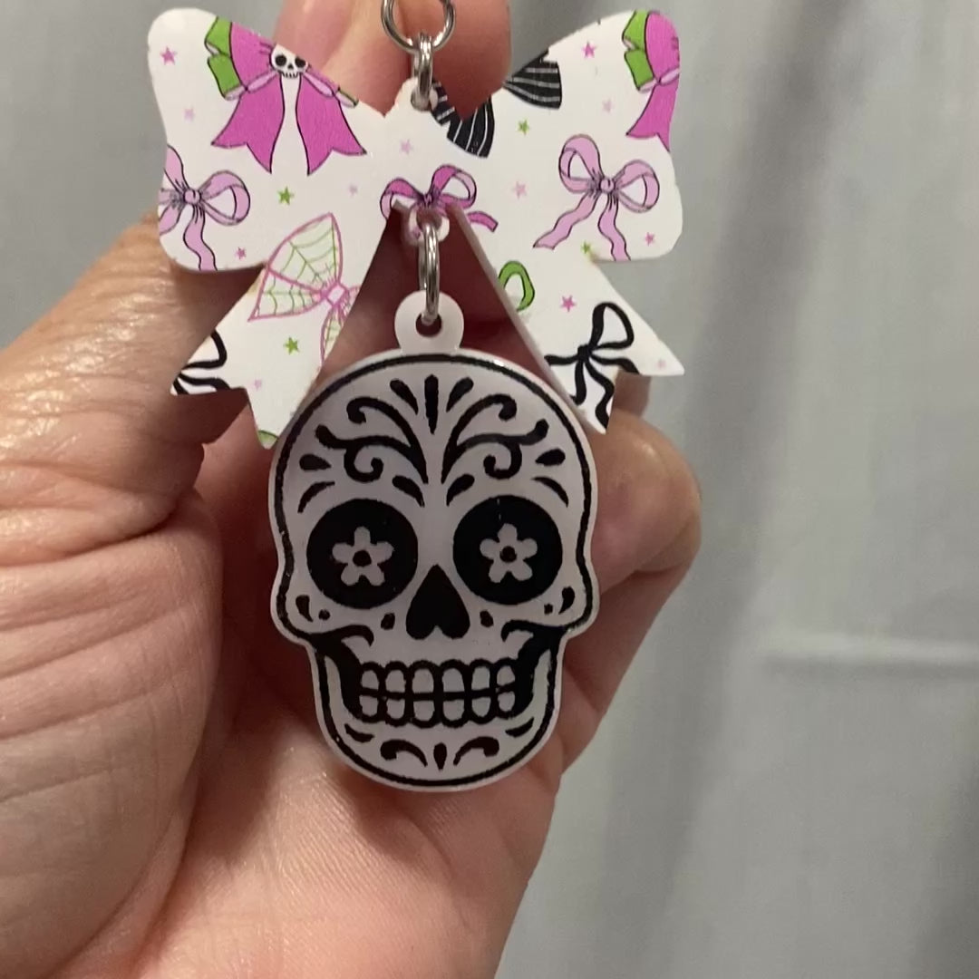 Sugar Skull with Festive Bow Acrylic Dangle Earrings for Halloween