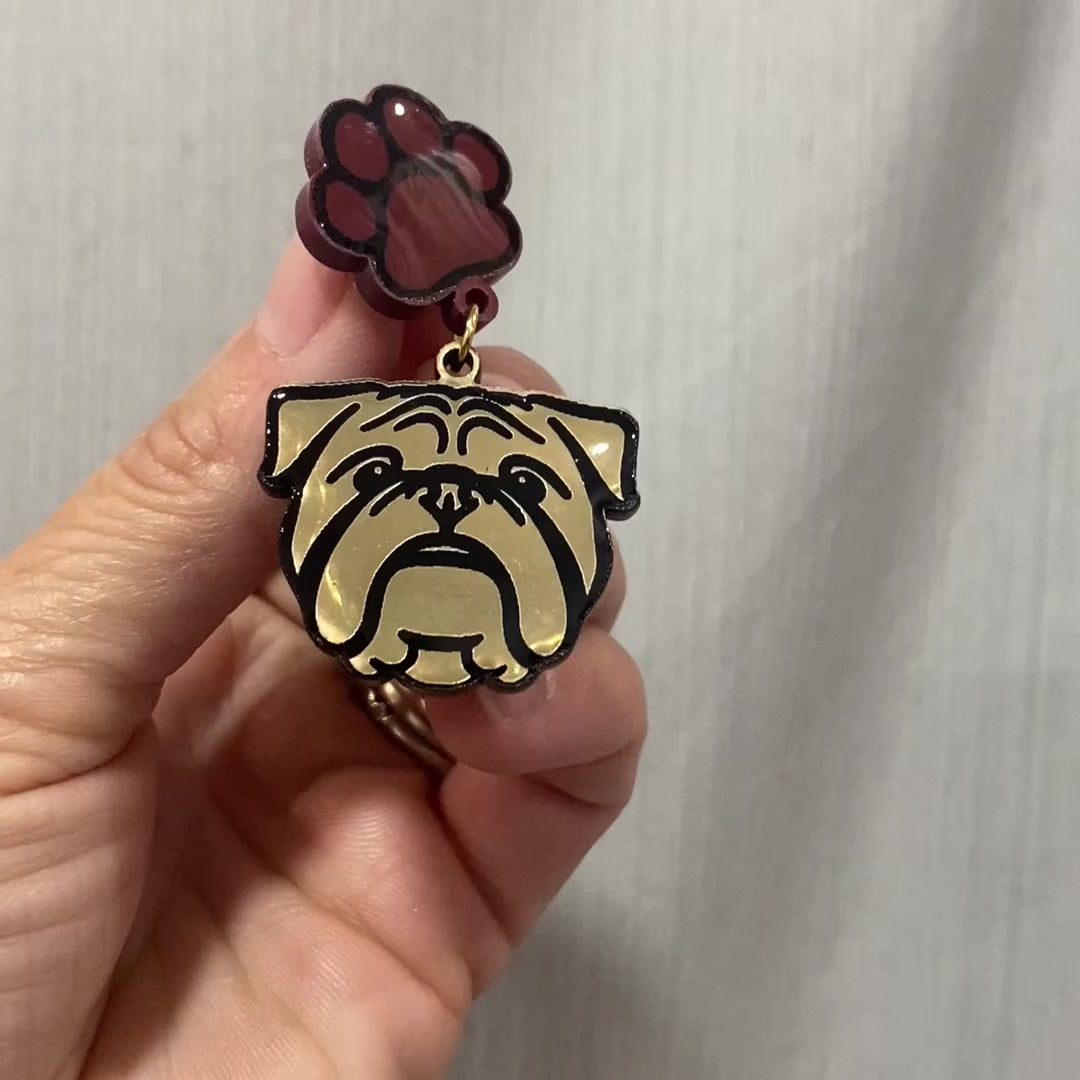 Bulldog Mascot and Paw Print Acrylic Drop Earrings Stainless Steel Posts