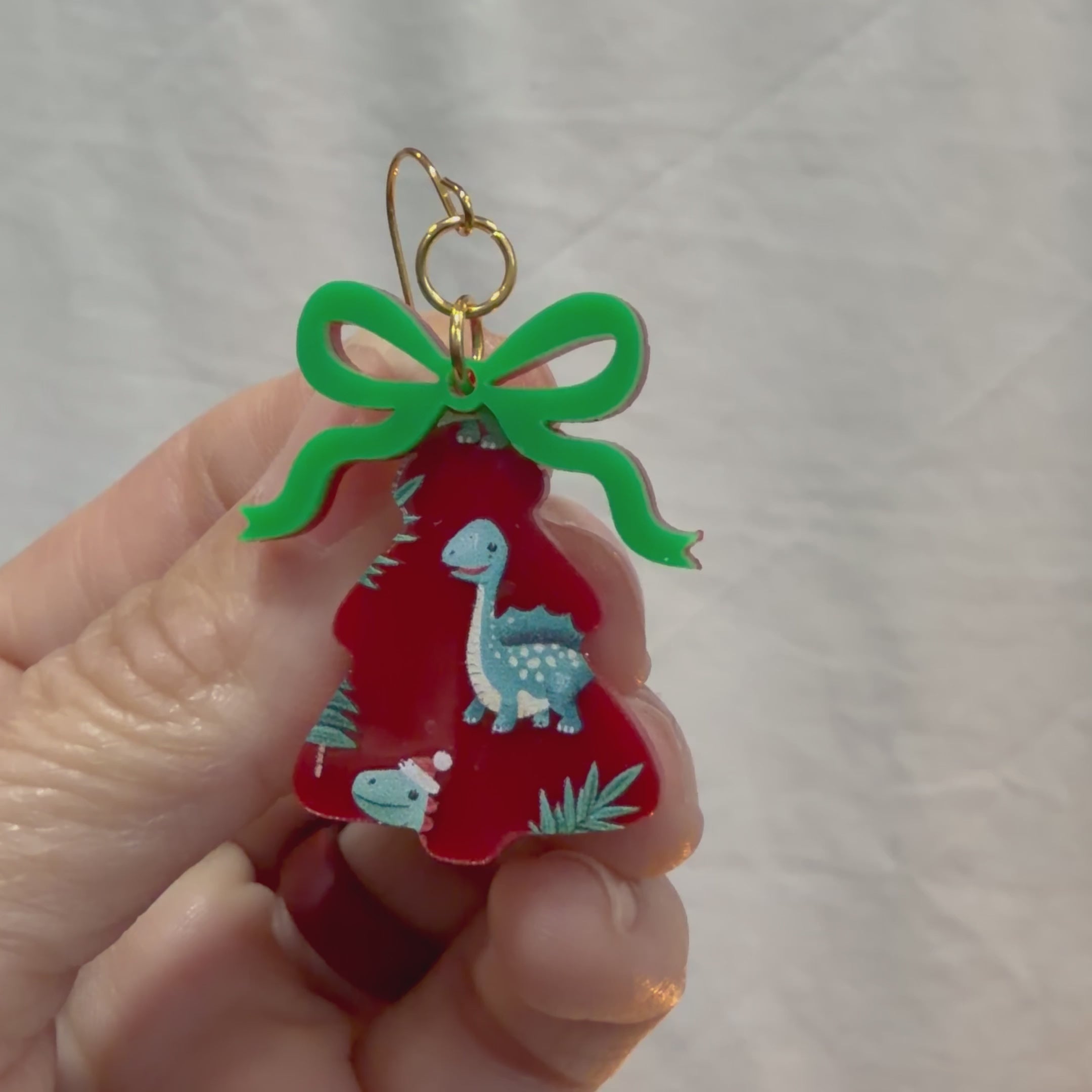 Dinosaur Christmas Tree Earrings Red or Green Tree Design