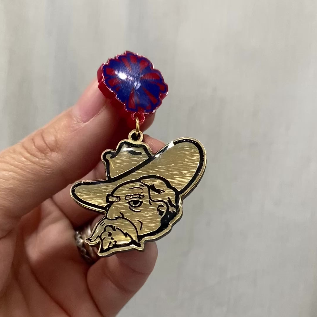 Rebel Mascot and Pom Pom Acrylic Drop Earrings with Stainless Steel Posts