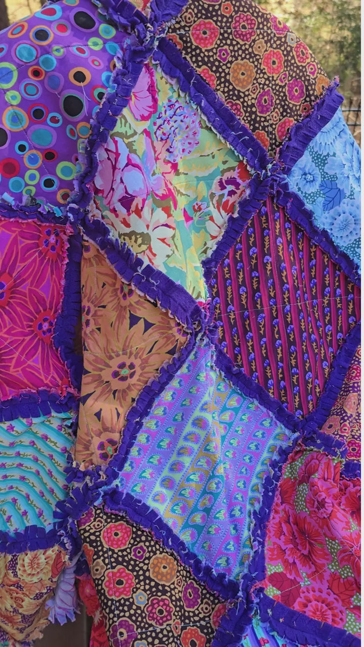 Colorful Rag Quilt Throw, Cotton Patchwork Lap Quilt with Soft Fleece Backing, Handmade Boho Couch Blanket, Bright Scrap Quilt Gift
