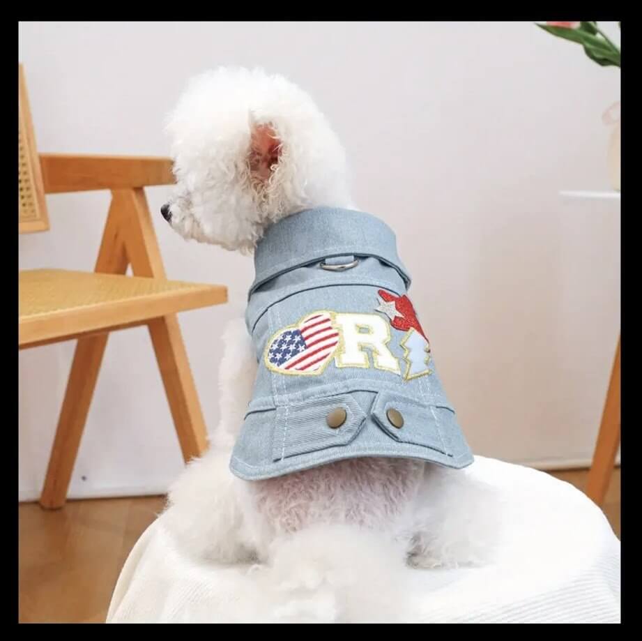 Patriotic Dog Denim Jacket: Red, White, and Blue USA Flag Small Dog Vest