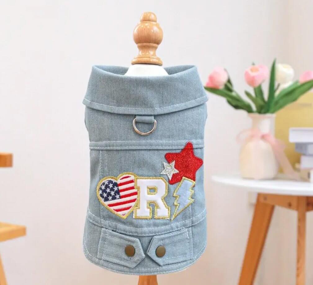 Patriotic Dog Denim Jacket - Red White Blue American Flag Heart Star - Coastal Couture Pet Boutique - Main Street Collective Mississippi