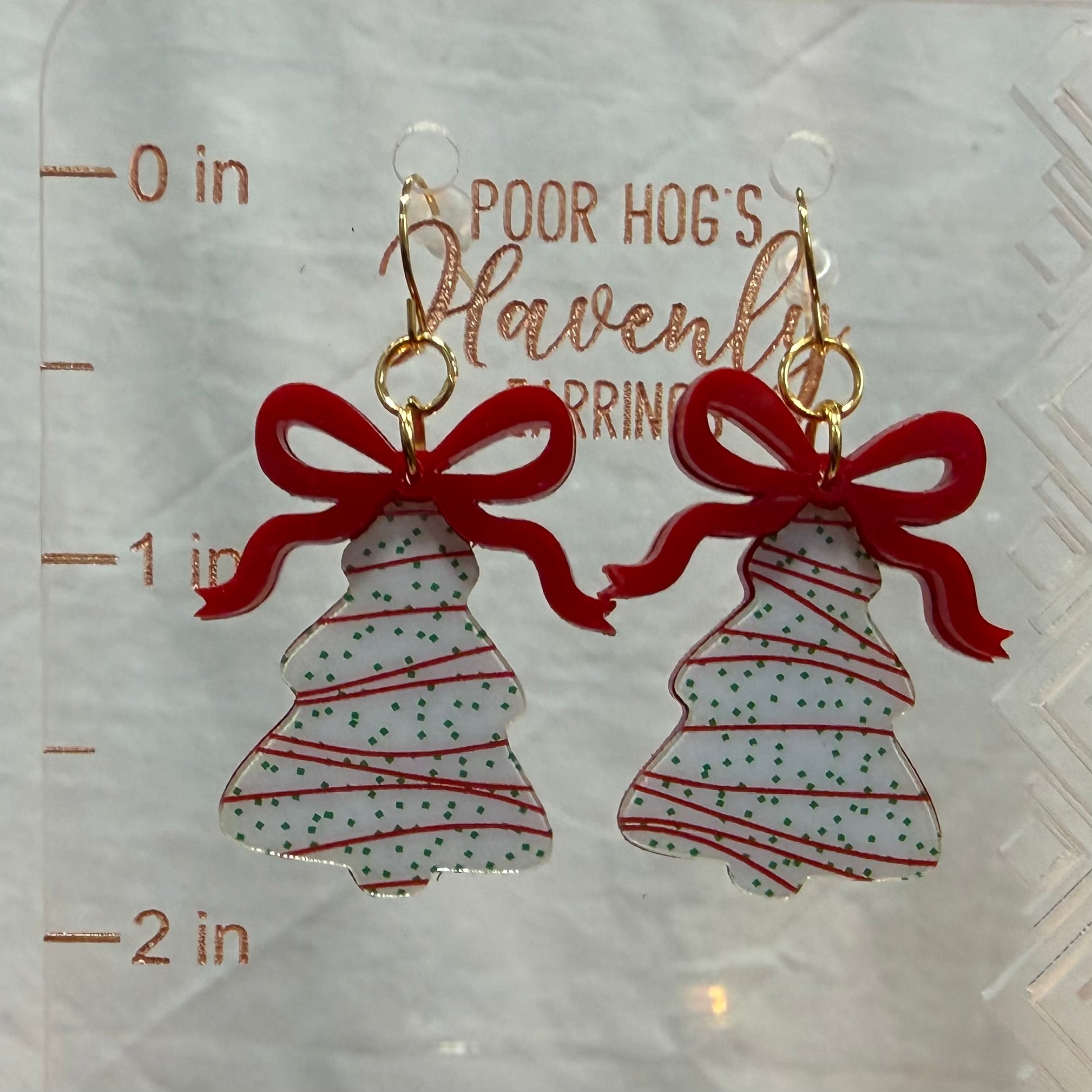 Christmas Tree Cake Earrings with Red Bows - Handmade Holiday Jewelry