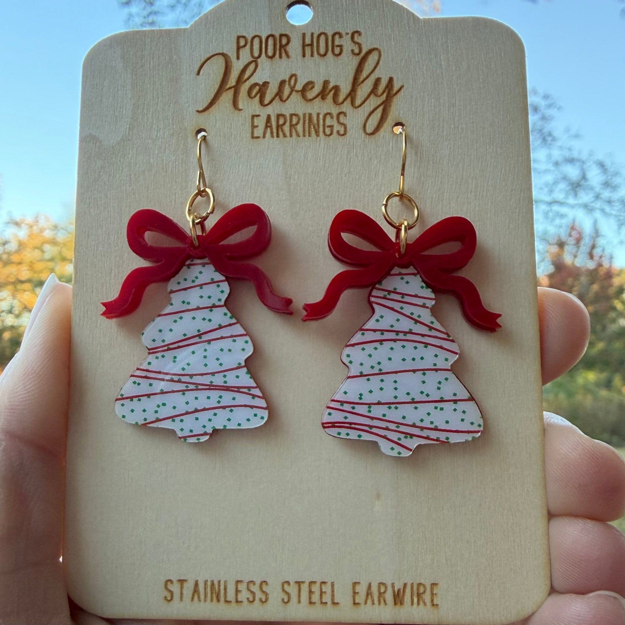Christmas Tree Cake Earrings with Red Bows, Acrylic Festive Jewelry, Main Street Collective