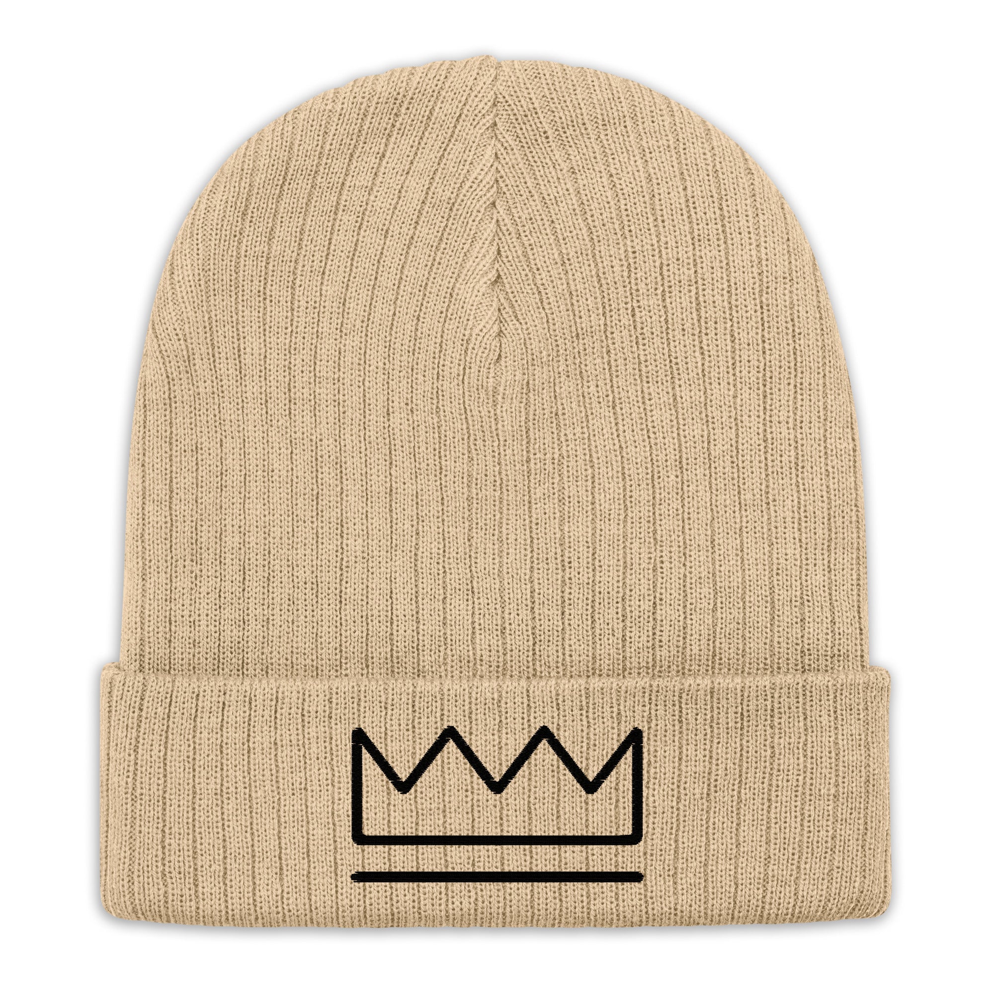 Beige Ribbed Knit Beanie with Crown Logo - Main Street Collective Winter Hat