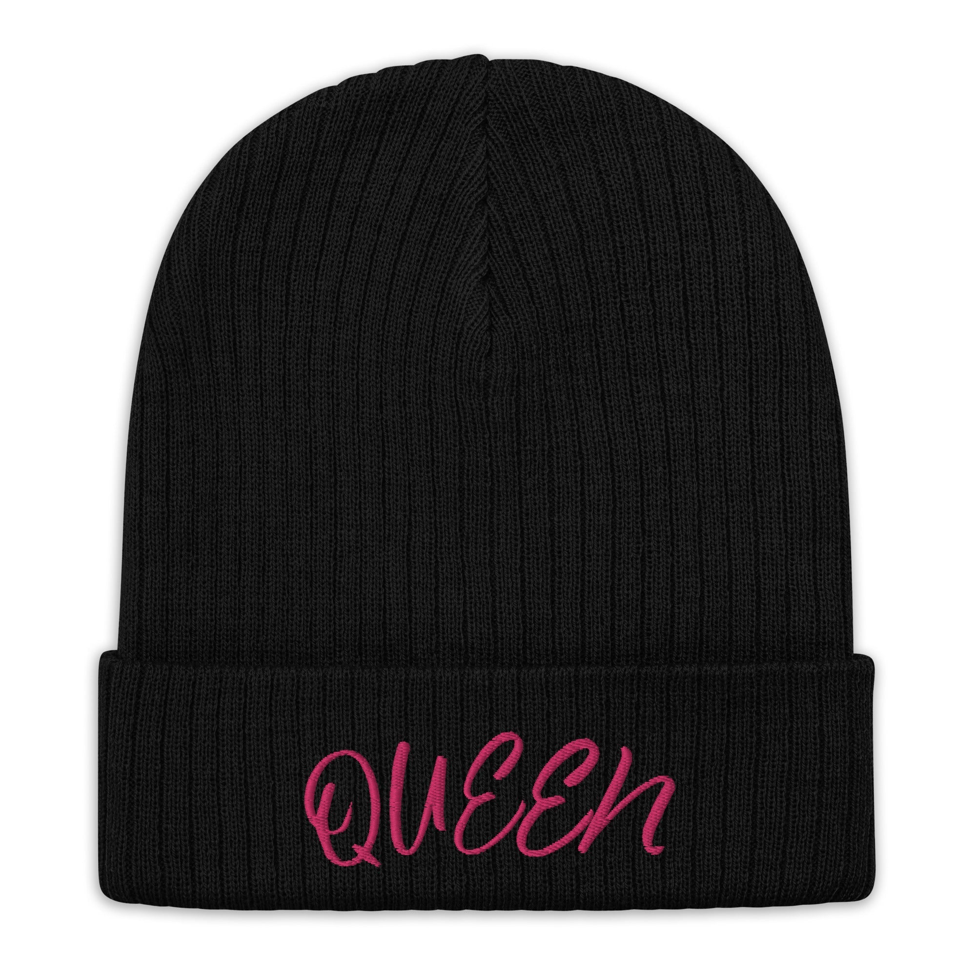 Black Knit Beanie Hat with Pink 'Queen' Embroidery | Winter Fashion