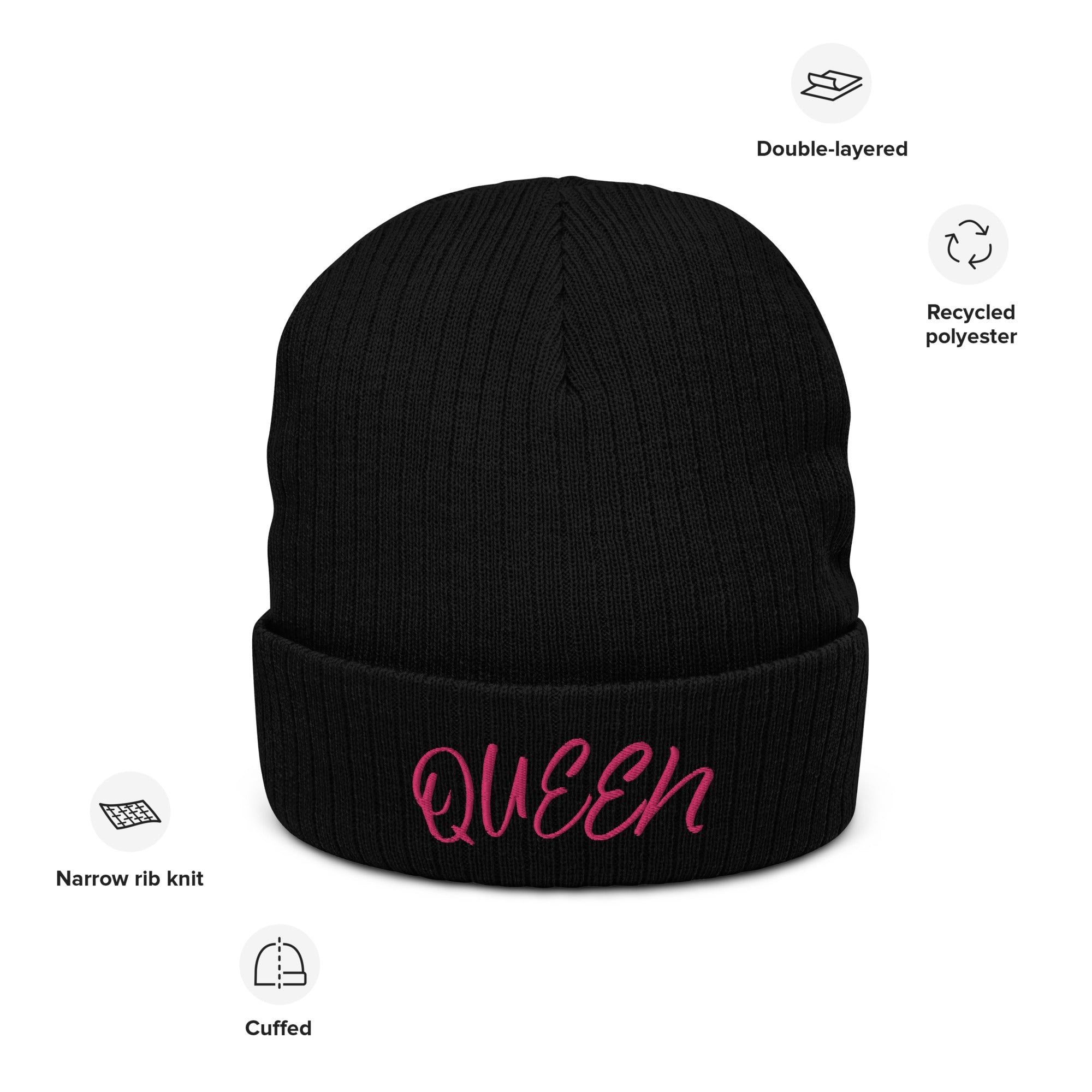 Black Ribbed Knit "Queen" Beanie: Double-Layered, Recycled Polyester Winter Hat