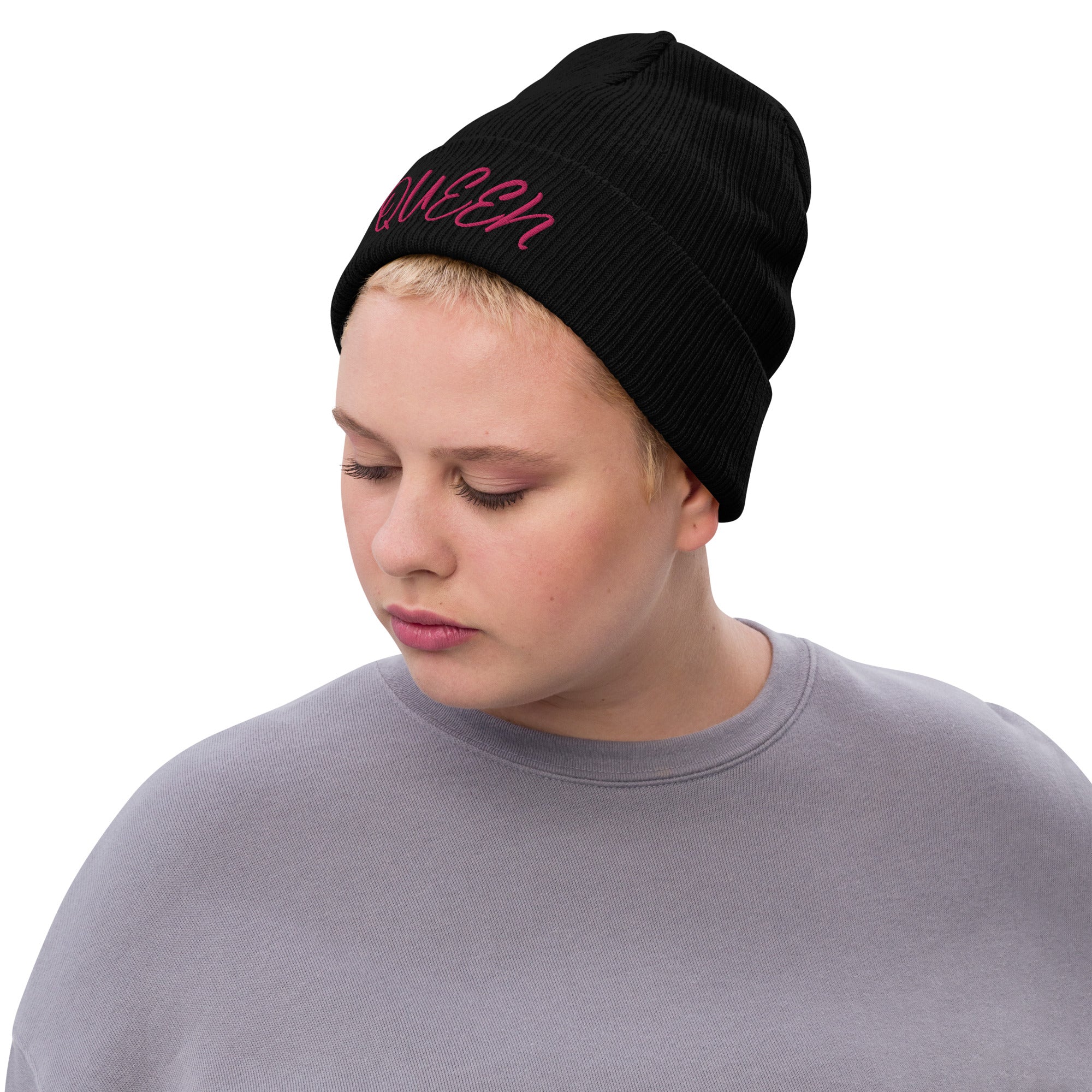 Queen Beanie: Black knit hat with "Queen" text, eco-friendly recycled polyester, Main Street Collective