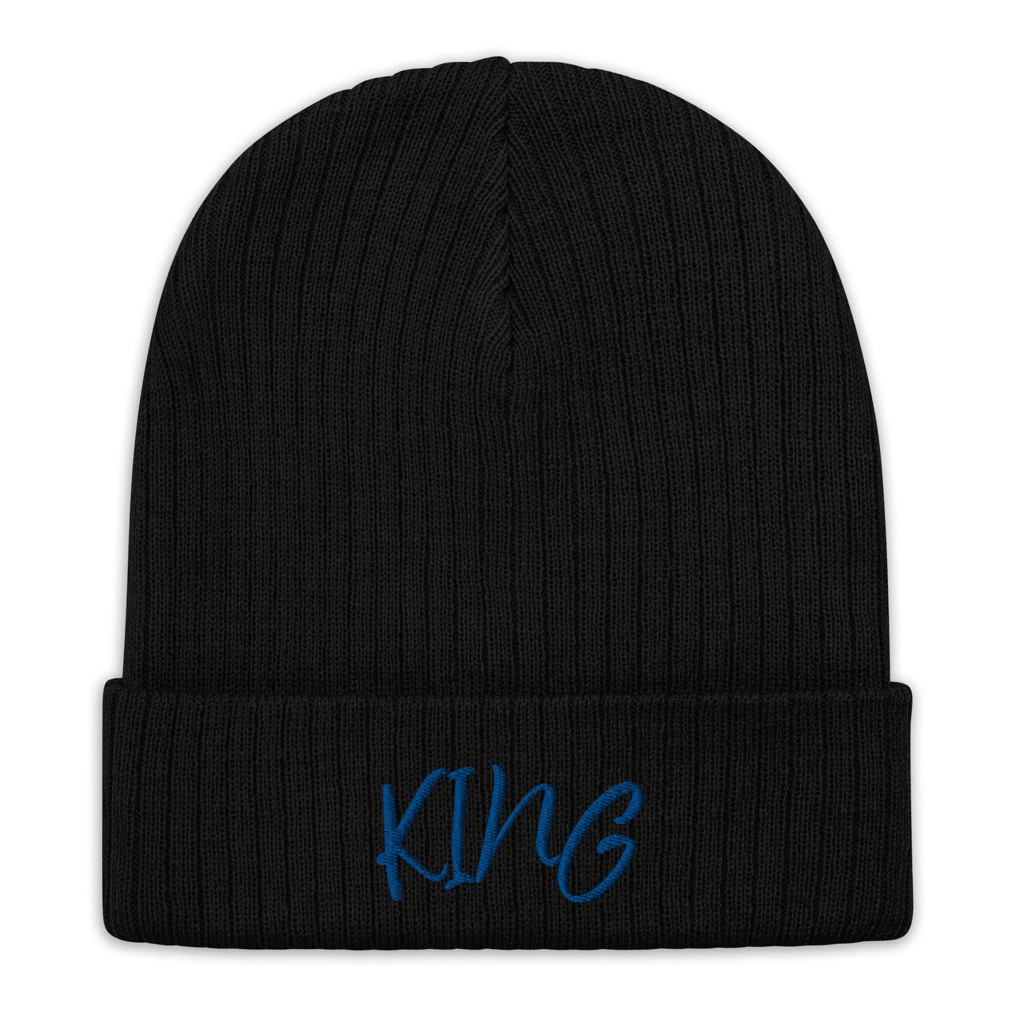 Black Ribbed Knit Beanie with "KING" Embroidery - Stylish Winter Hat