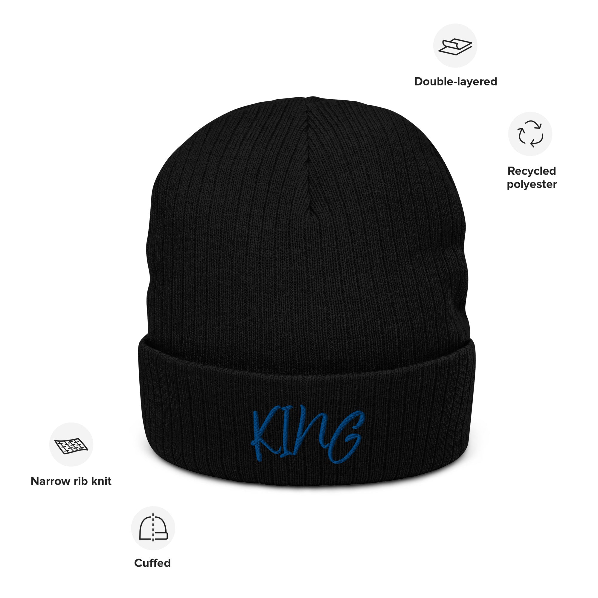 KING Knit Beanie - Black Cuffed Beanie Hat with Embroidered Text Design