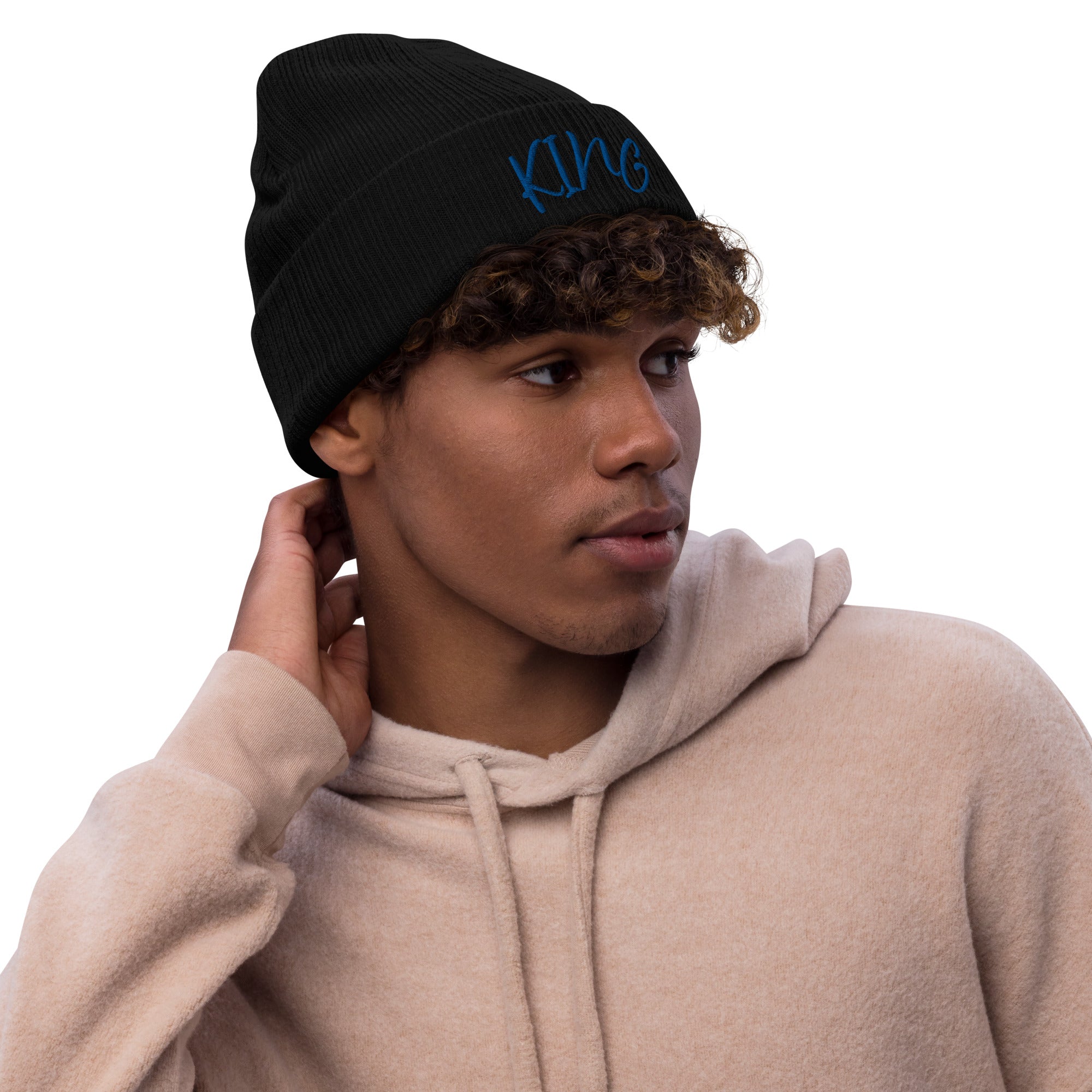 KING Black Ribbed Knit Beanie - Fashionable Winter Hat for Men and Women