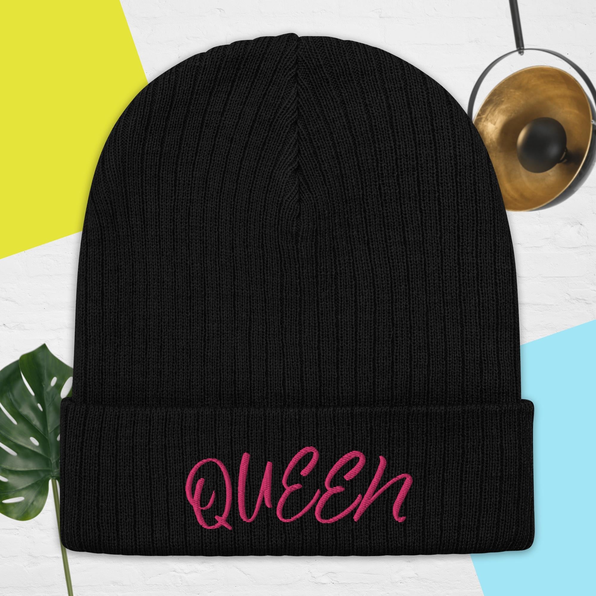 Black 'QUEEN' Beanie - Ribbed Knit Winter Hat with Pink Embroidery | Main Street Collective