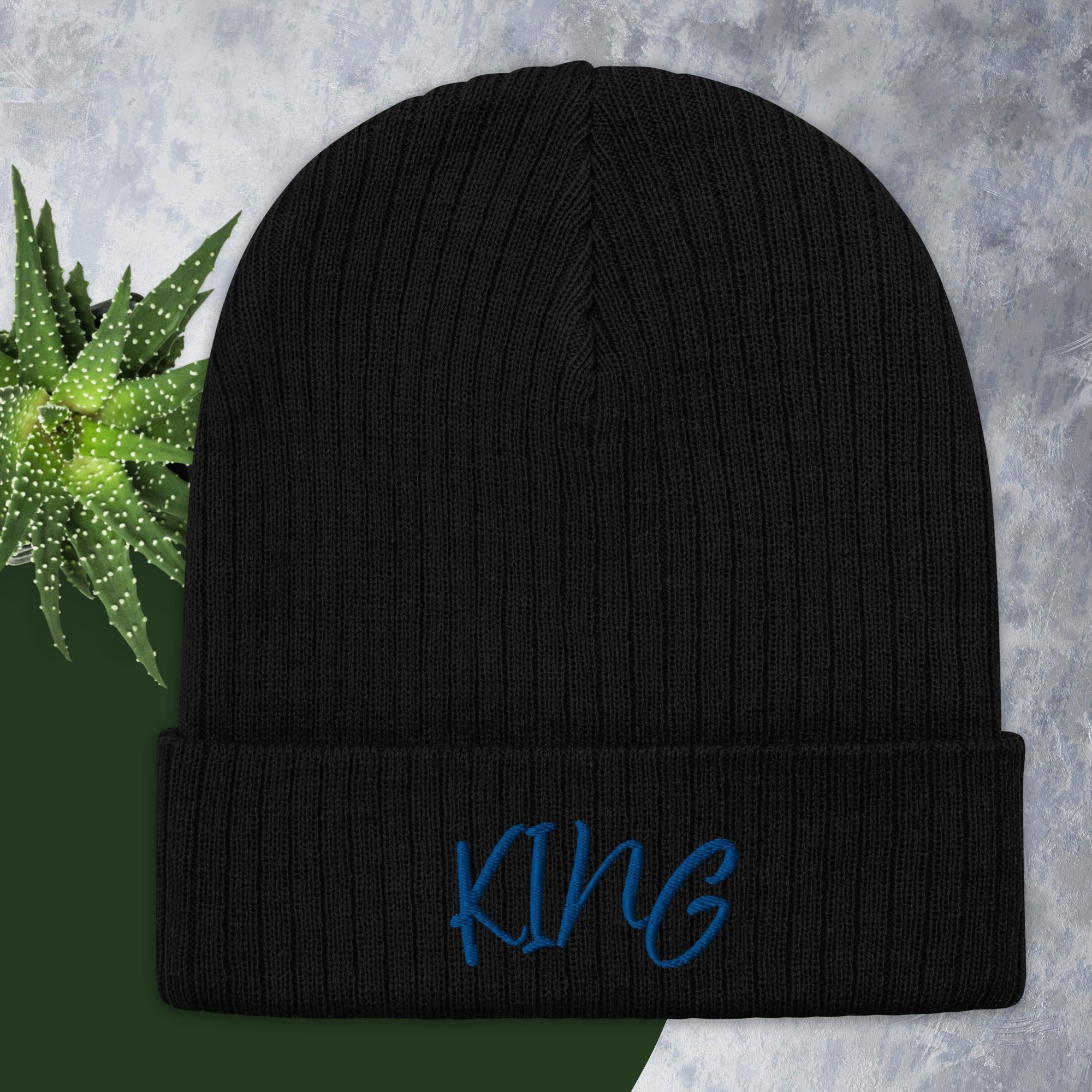 KING Black Ribbed Knit Beanie Hat | Embroidered Text | Main Street Collective | Recycled Polyester Blend