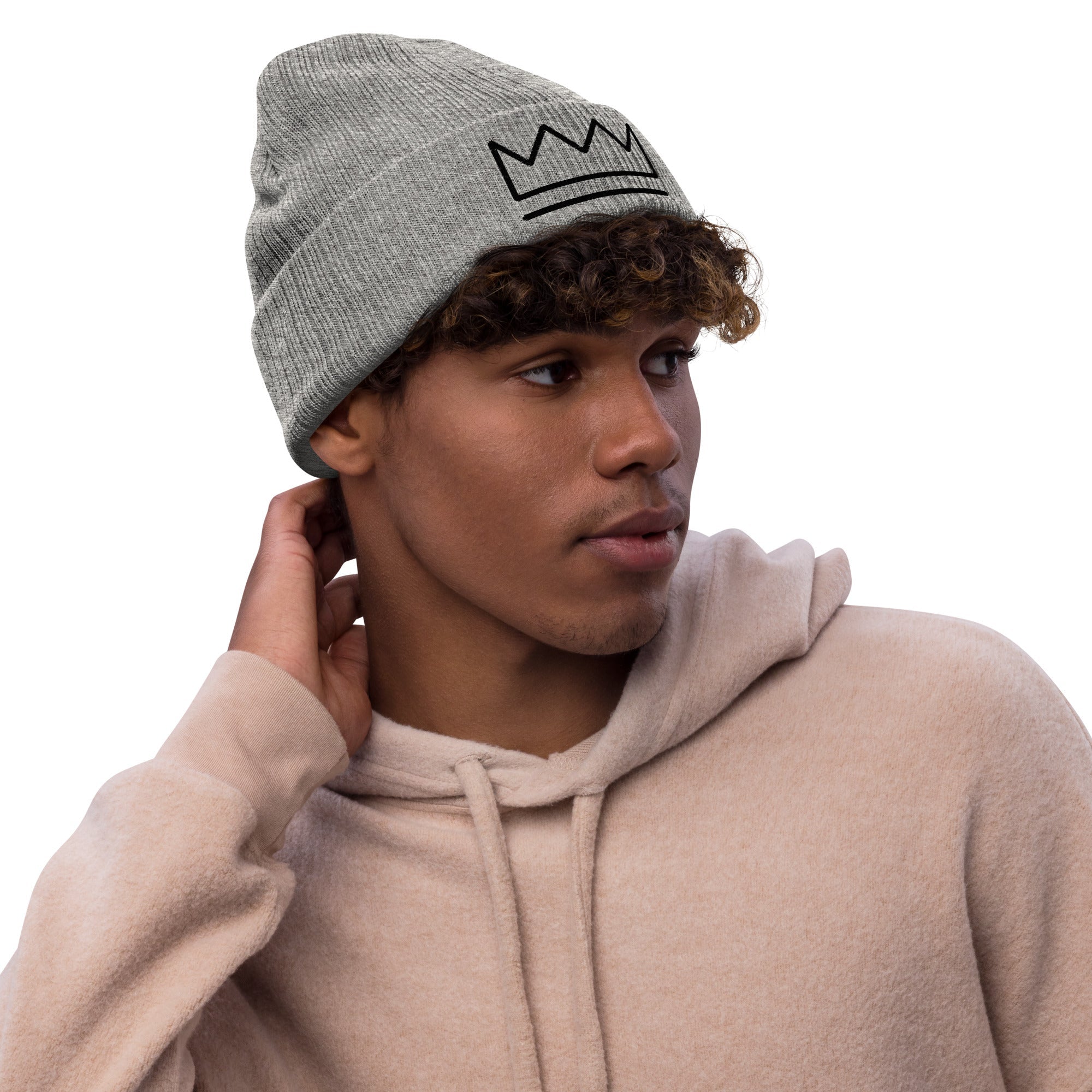 Man in Grey "Crown" Knit Beanie and Hoodie: Streetwear Style, Winter Fashion
