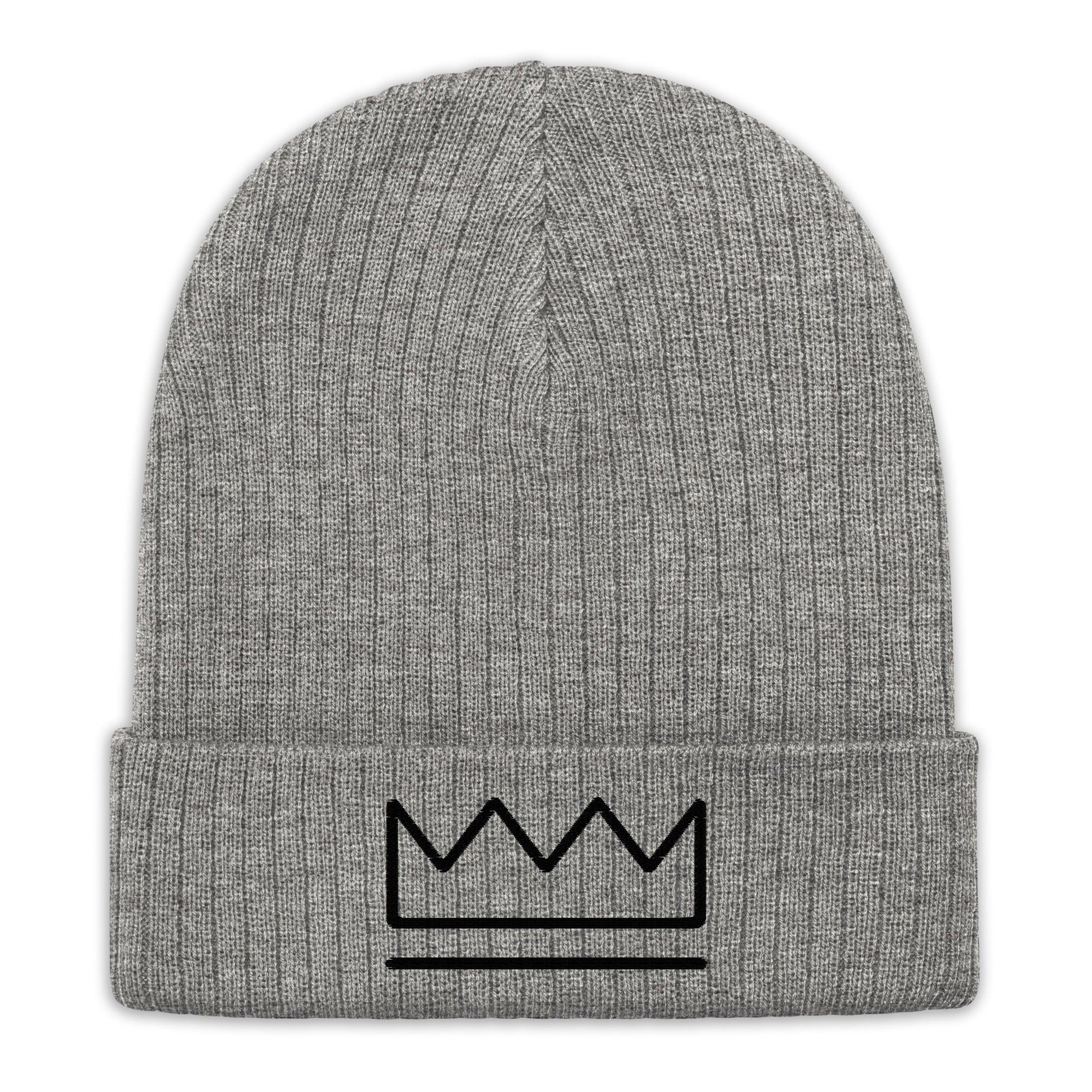 Grey Ribbed Knit Beanie Hat with Crown Embroidery | Unisex Winter Fashion