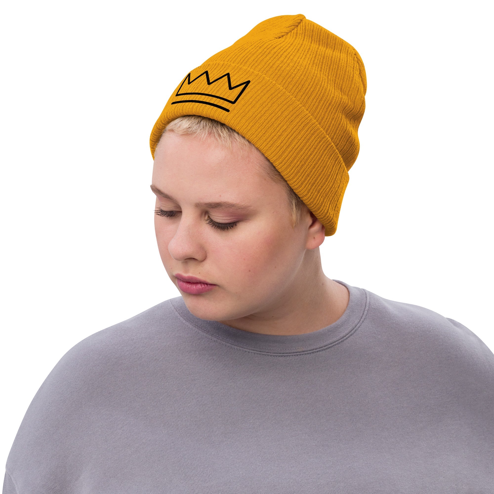 Mustard Yellow Crown Beanie: Unisex Ribbed Knit Hat by Main Street Collective.