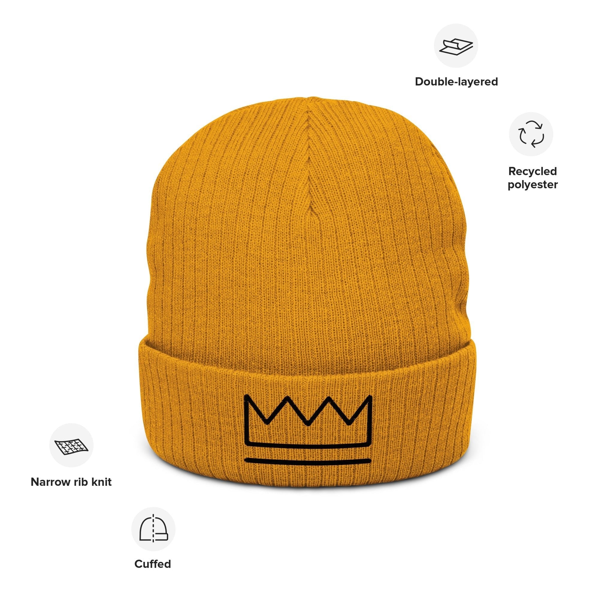 Mustard Yellow Ribbed Knit Beanie with Crown Embroidery | Unisex Cuffed Hat by Main Street Collective