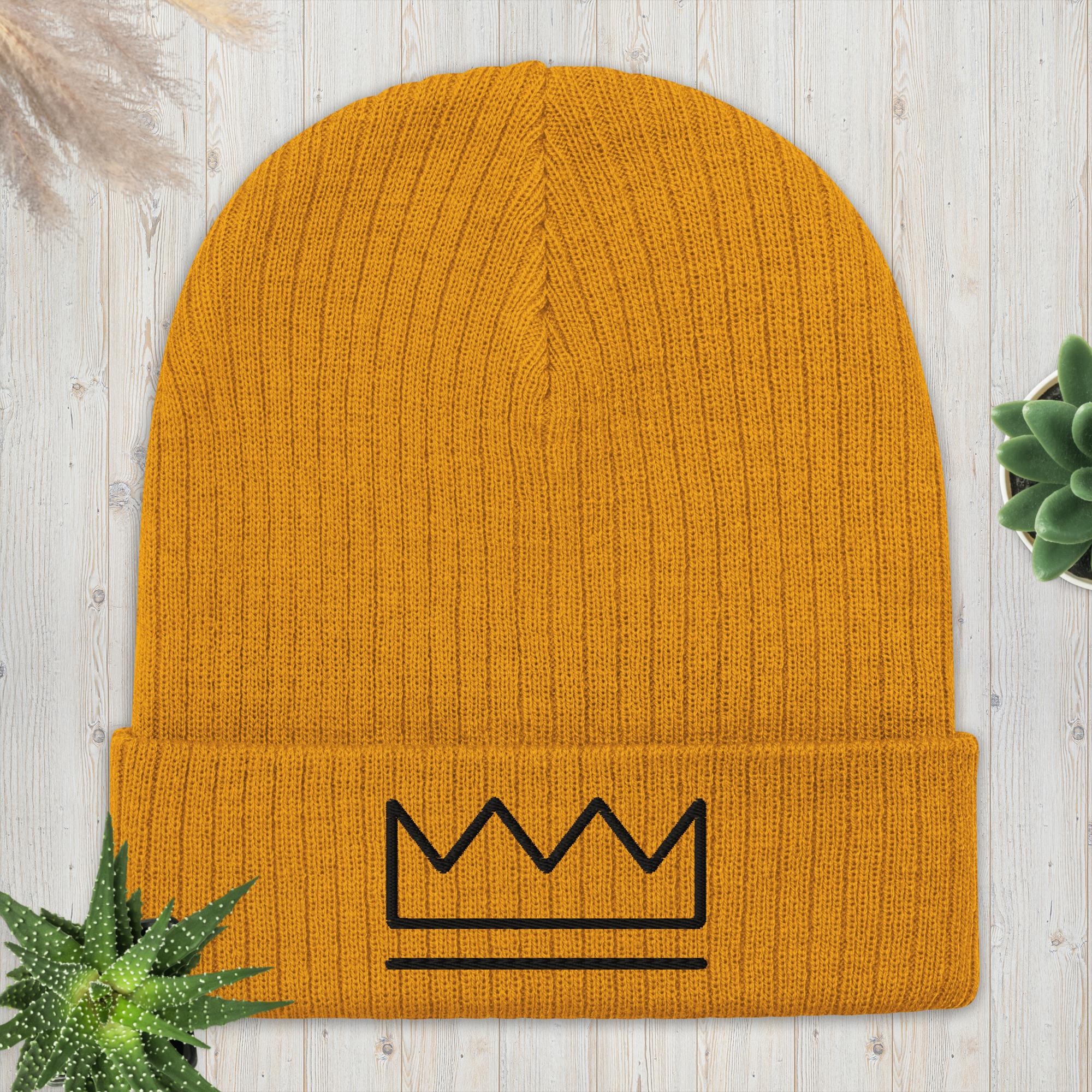 Mustard Yellow CROWN Ribbed Knit Beanie: Unisex Cuffed Hat with Embroidered Crown Logo - Main Street Collective