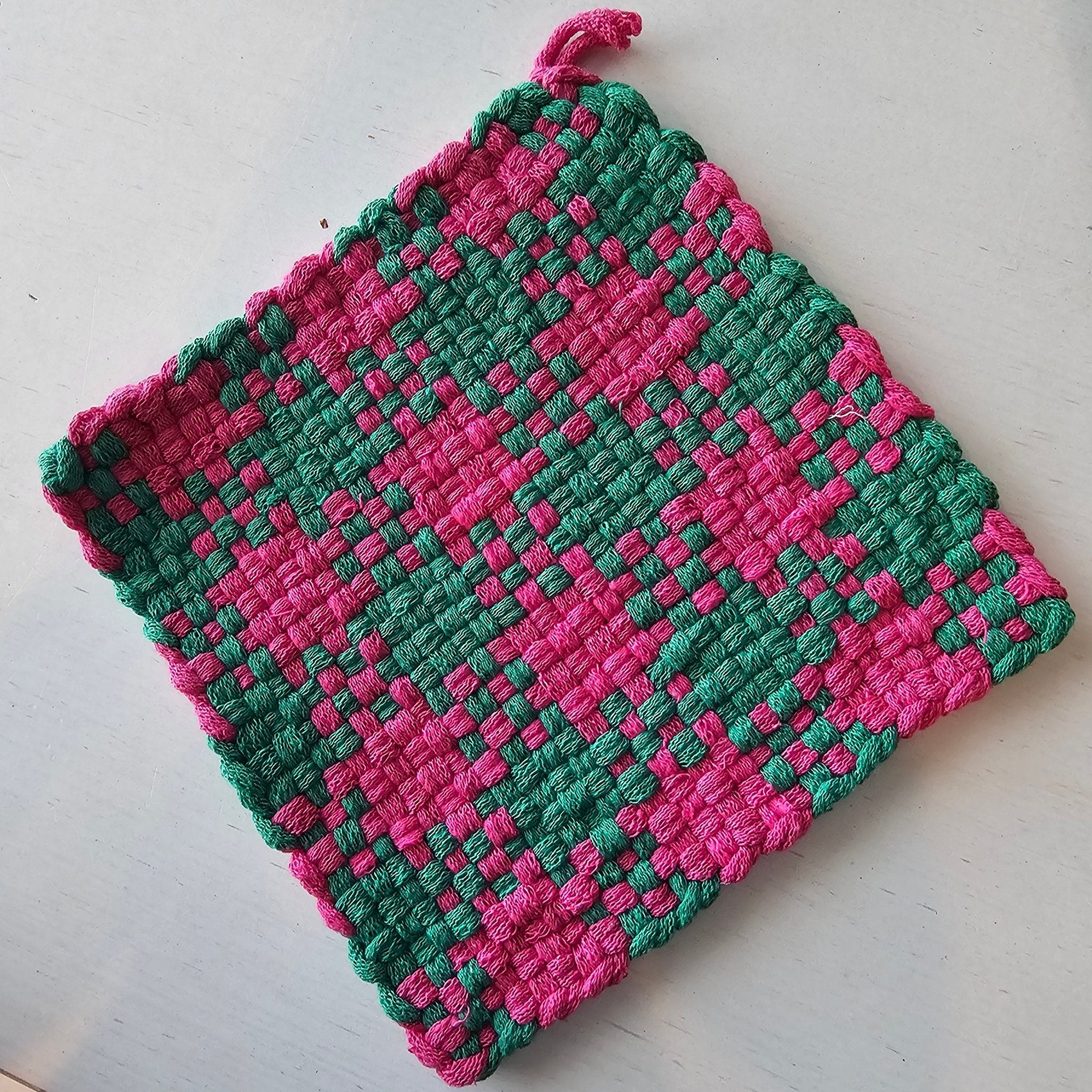 Handmade Woven Potholder: Green & Pink Cotton, Kitchen Heat Protection - Penelope's Potholders for Main Street Collective