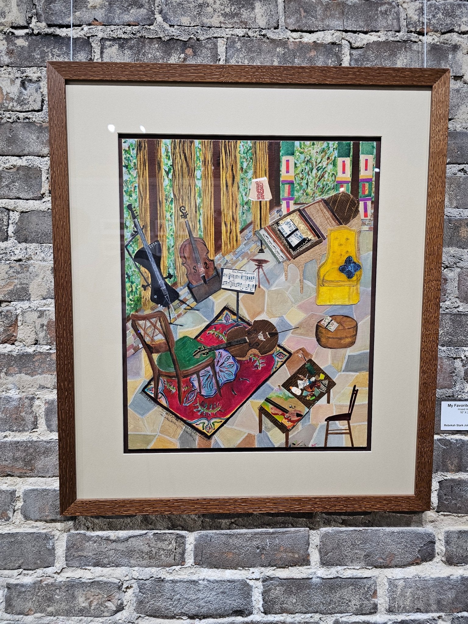 "My Favorite Things" artwork by Rebekah Stark Johnson. Mixed media with musical instruments still life.