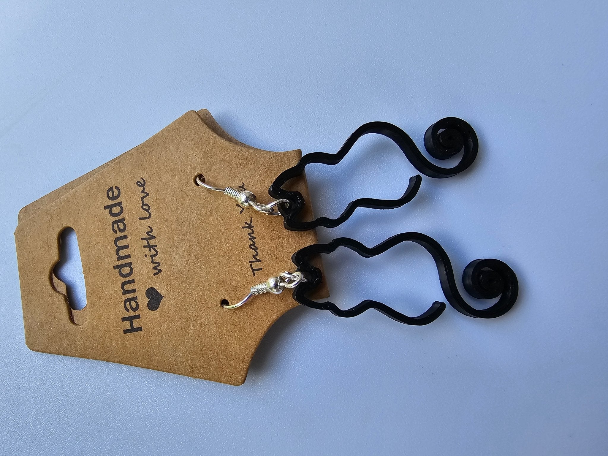 Handmade Black Cat Earrings: Curly Tail Design, 3D-Printed, Stainless Steel, Hypoallergenic - Unique Cat Lover Jewelry