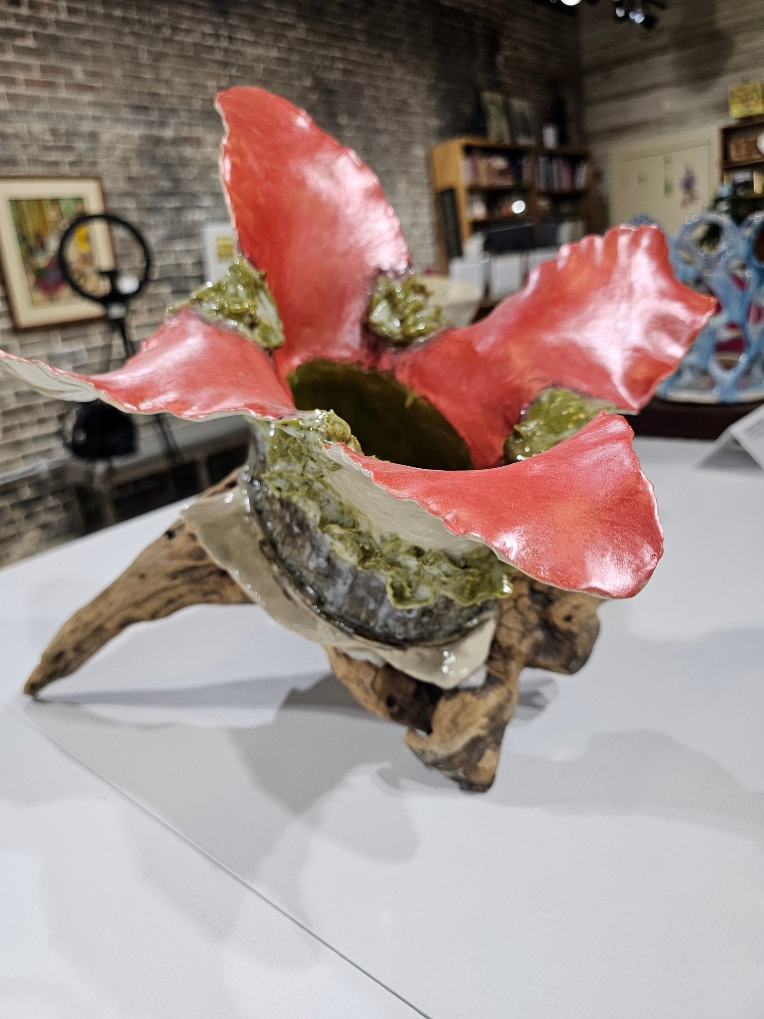 Ceramic sculpture: Abstract red floral art with wood base, by Stephanie Scull-DeArmey