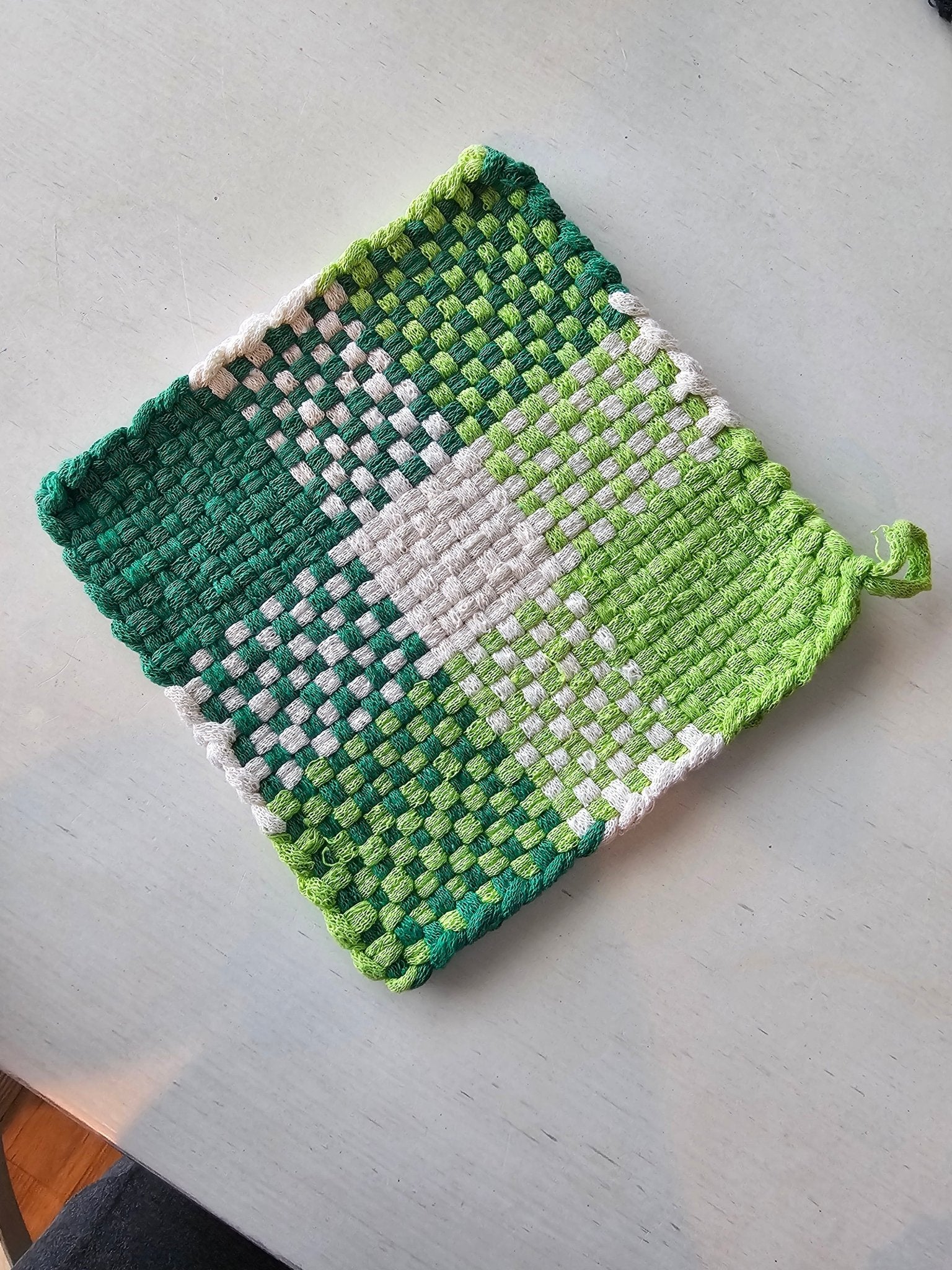 Handmade Green & White Woven Potholder - Unique Kitchen Accessory