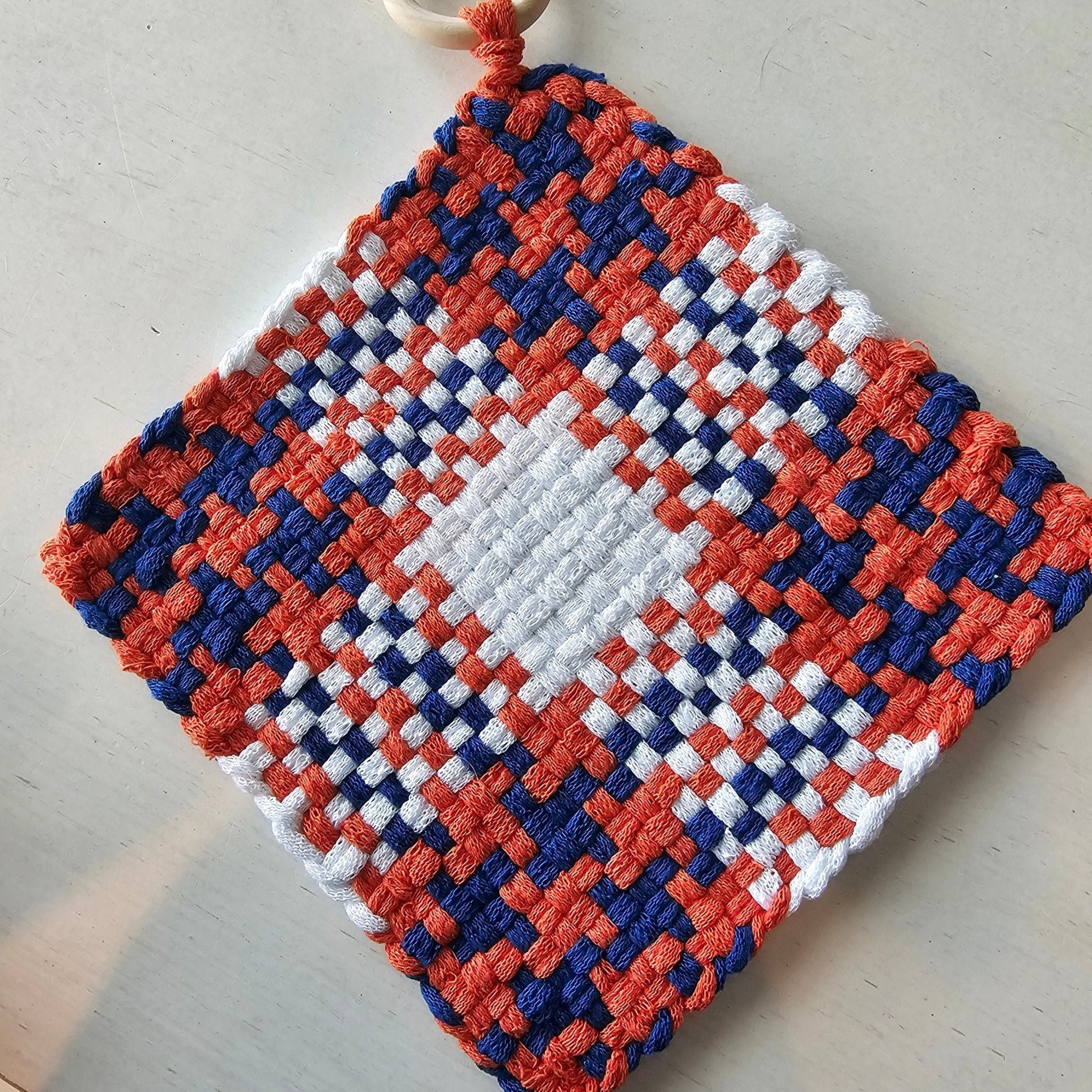 Handmade Woven Potholder, Red White Blue Kitchen Decor by Main Street Collective