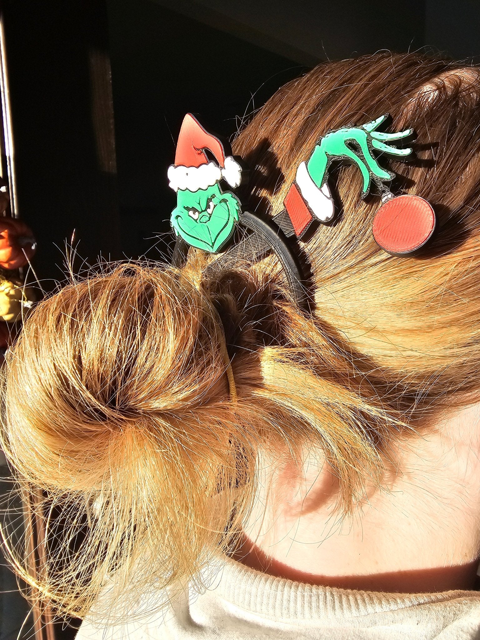Grinch Hair Pin: Christmas hair accessory, green grump, Santa hat, handmade holiday gift, unique hair bun pin, perfect for festive fun