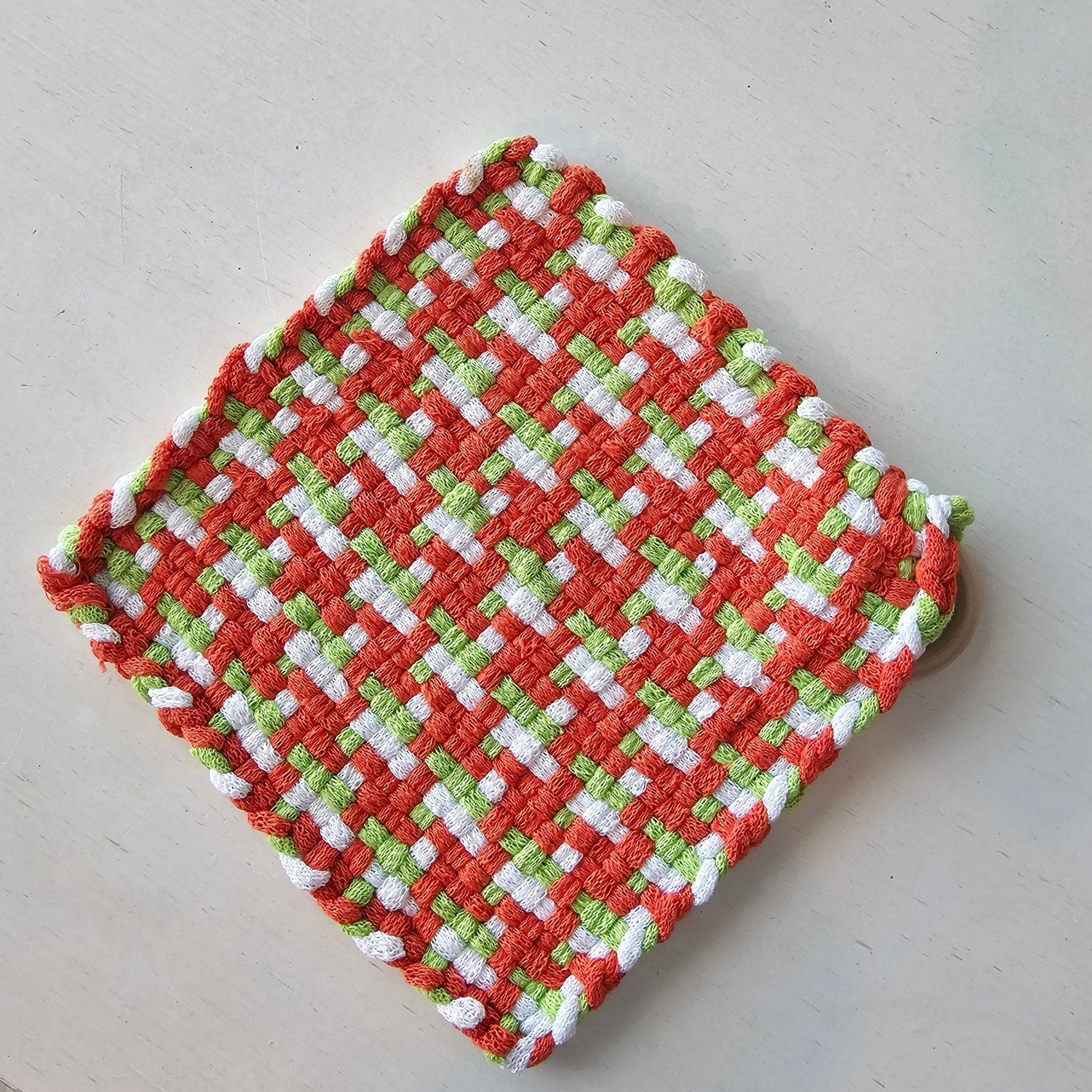 Handmade Woven Potholder: Orange, Green, and White Cotton Loop Heat Resistant Kitchen Accessory