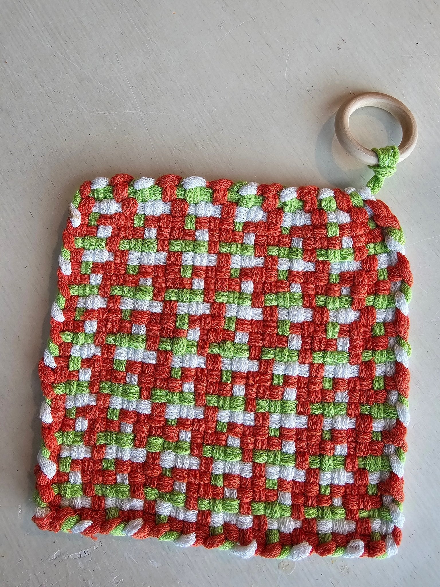 Handmade Woven Potholder: Orange, Green, and White Cotton Kitchen Hot Pad - Main Street Collective