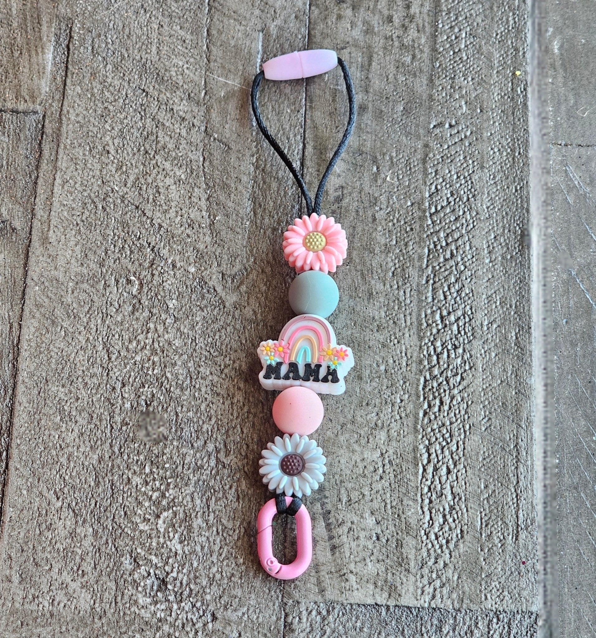 Car Freshie Lanyard: Colorful handmade "Mama" rearview mirror hanger with flowers and beads. 
