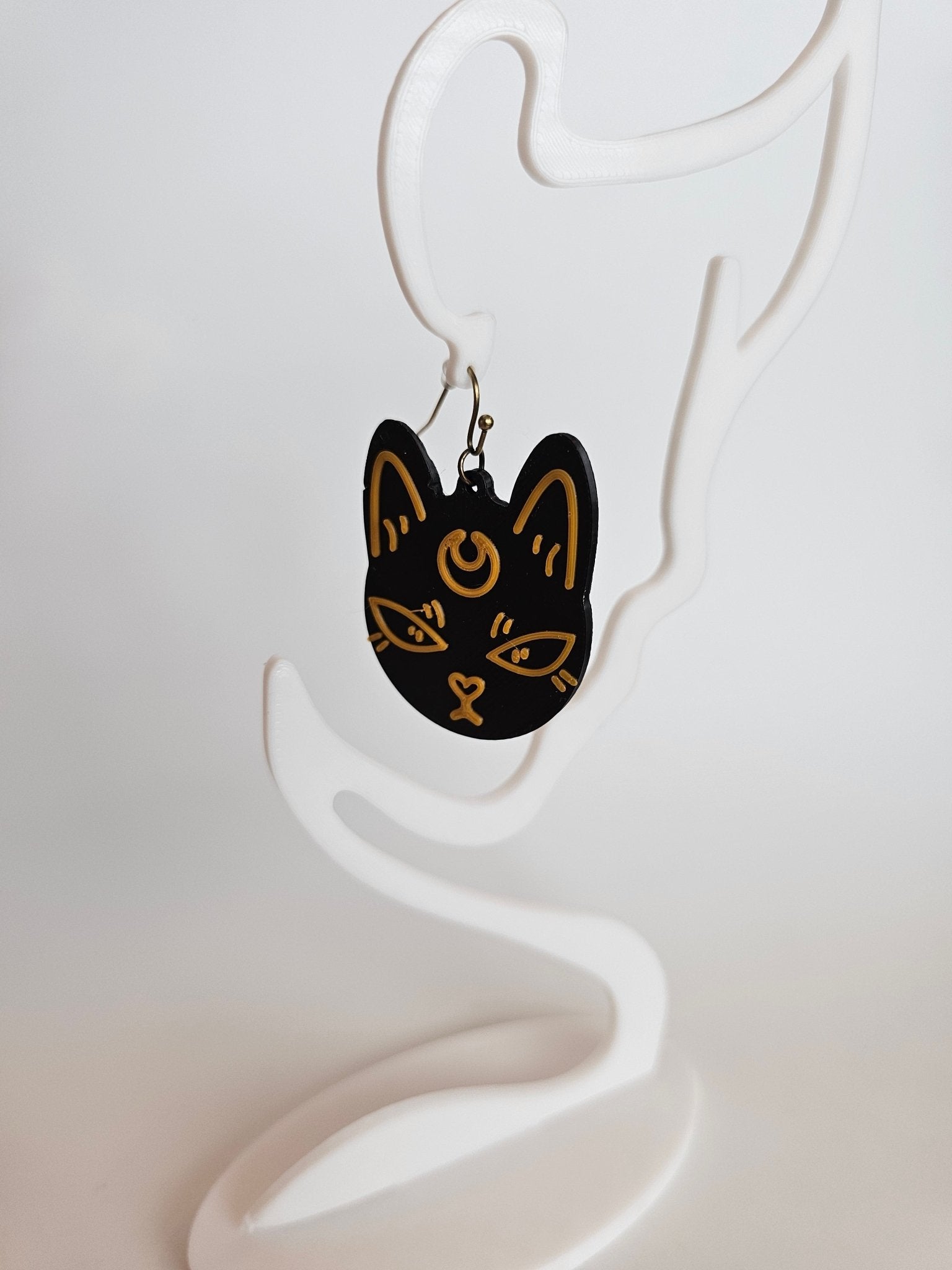 Mystic Moon Cat Earrings - Black & Gold Celestial Cat Earring, Handmade, Hypoallergenic Hooks - The Tween Space