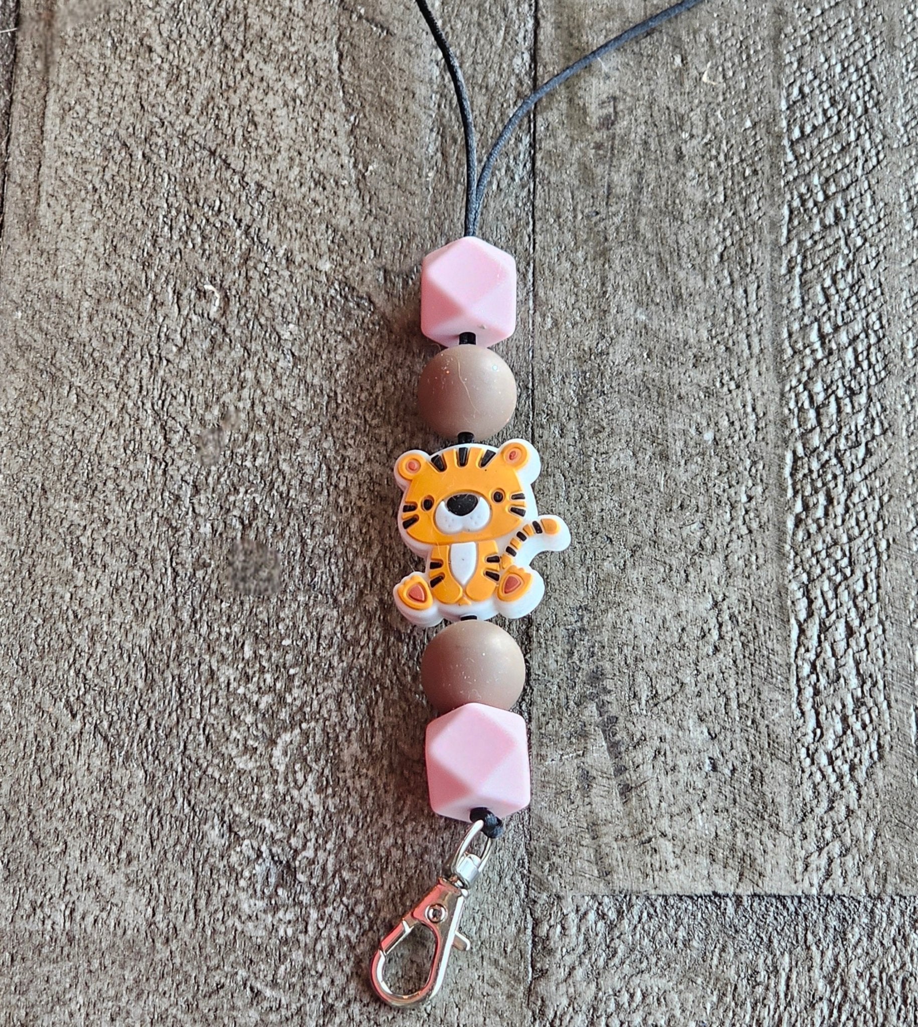Car Freshie Lanyard with Tiger Charm - Rearview Mirror Hanger by Main Street Collective: Pink & Brown Beads, Cute Style