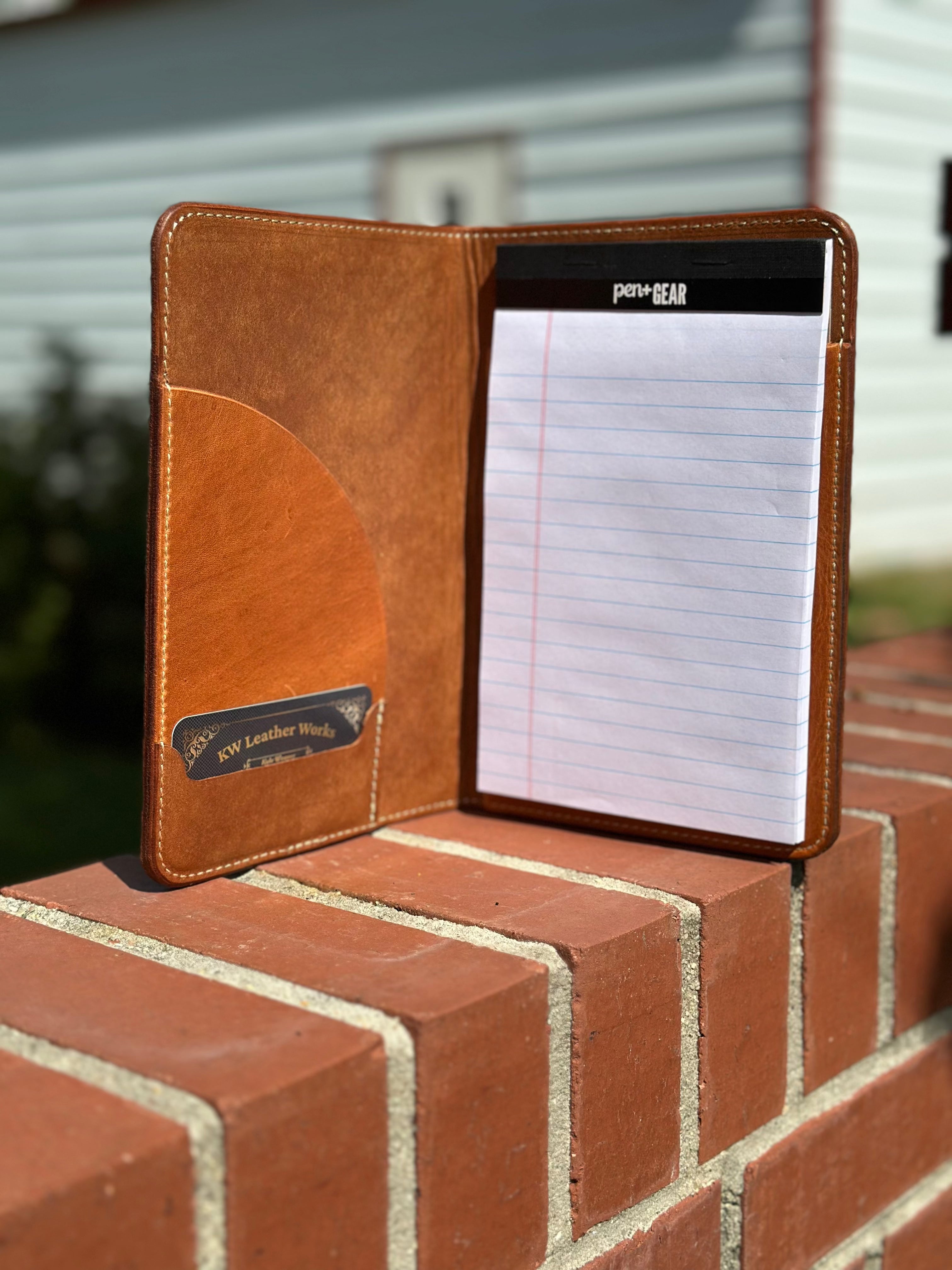 Handmade leather notebook by KW Leather Works: Padfolio with pen+GEAR notepad, business card holder, and elegant design. Organization tool.