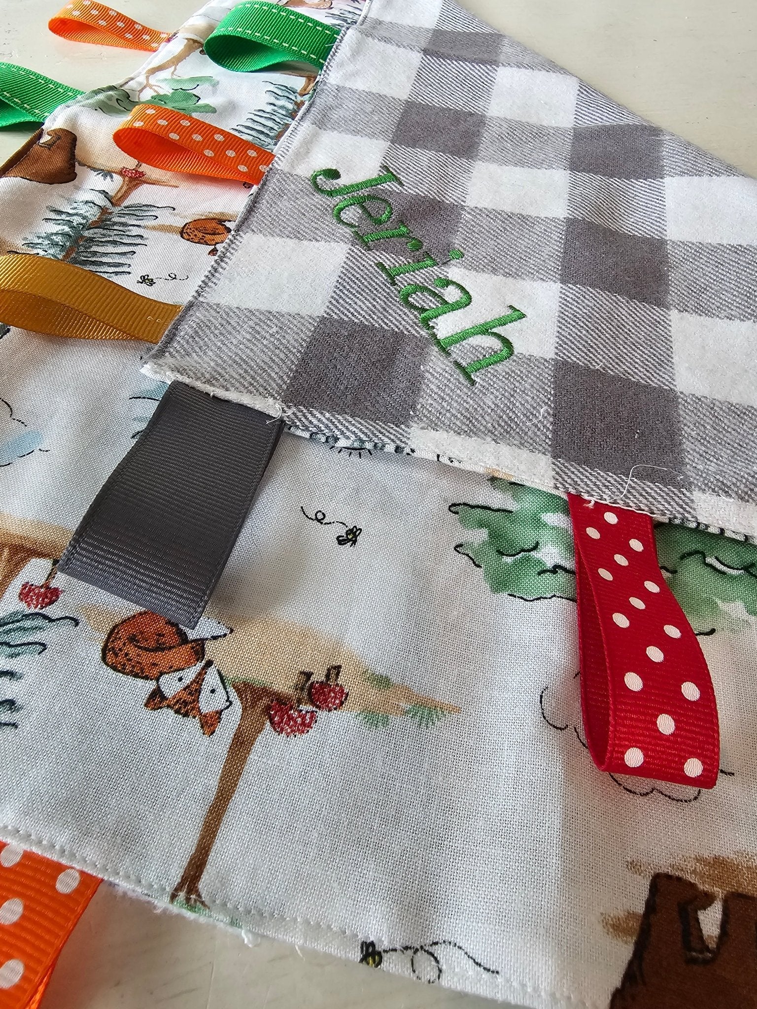 Personalized Taggy Blanket: Sensory Toy with Embroidered Name - Main Street Collective