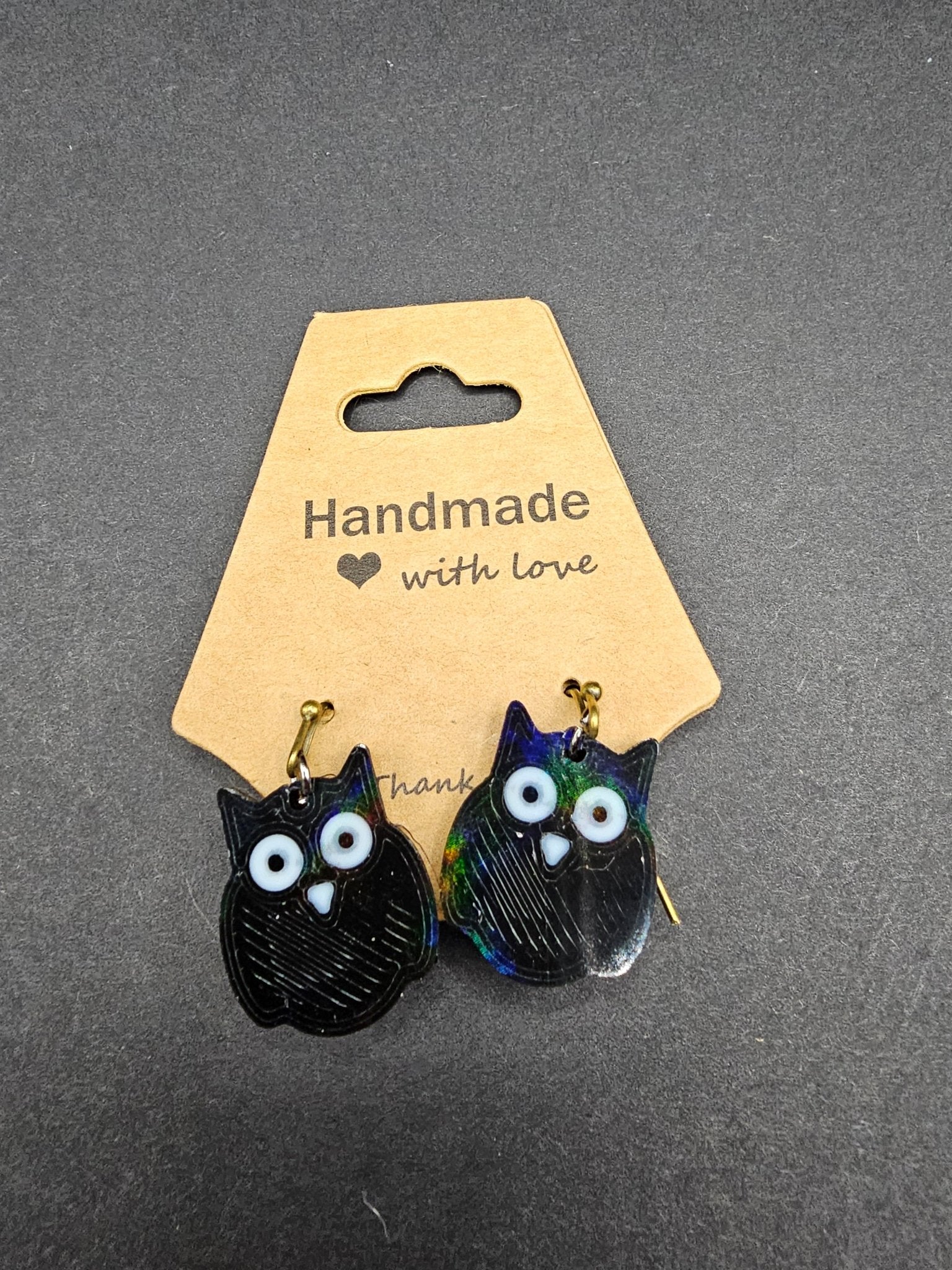 Black Owl Earrings, Handmade, 3D Printed Plastic, Rainbow Shimmer, Hypoallergenic Hooks, Main Street Collective, The Tween Space