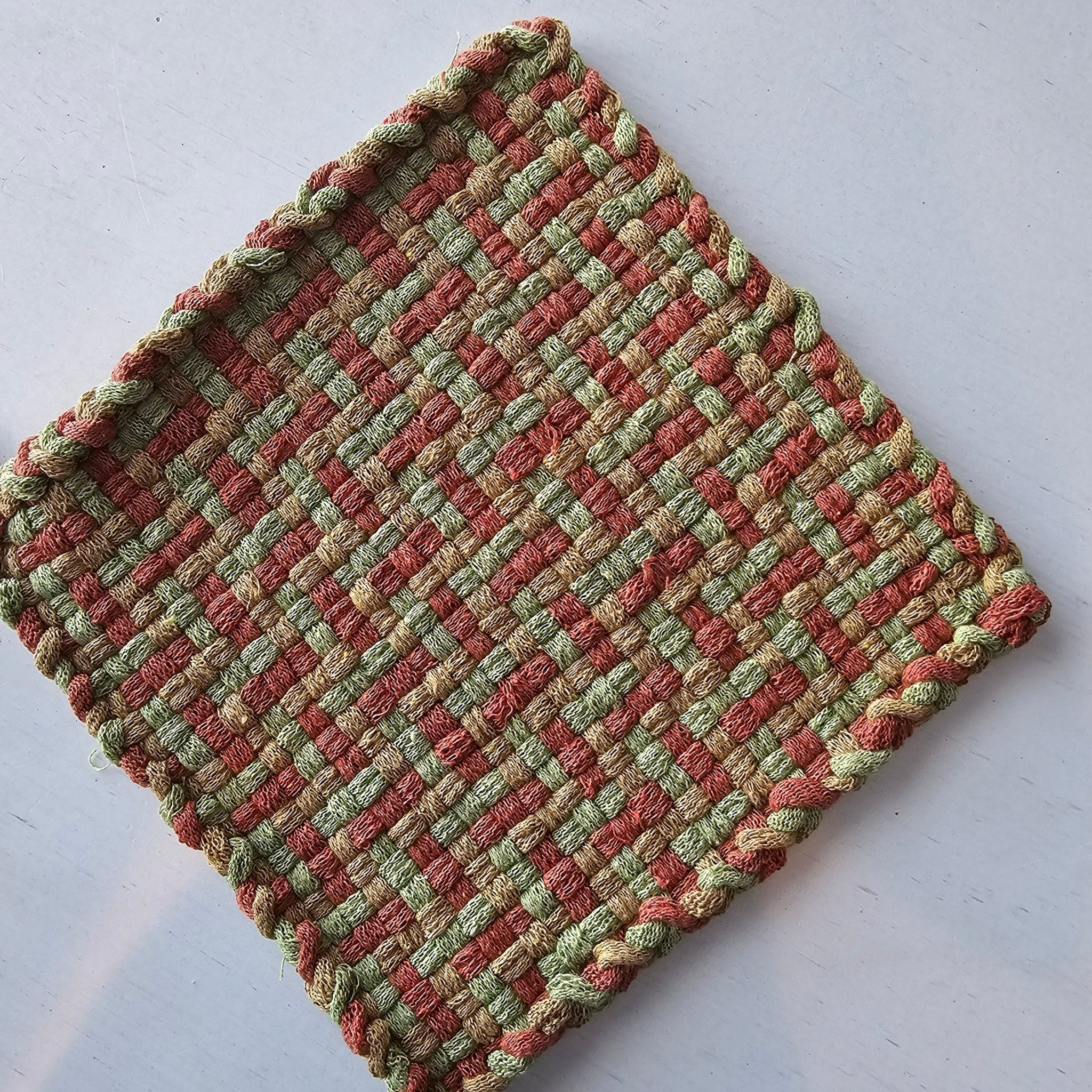 Handmade Woven Potholder, Red and Green, Decorative Kitchen Accessory